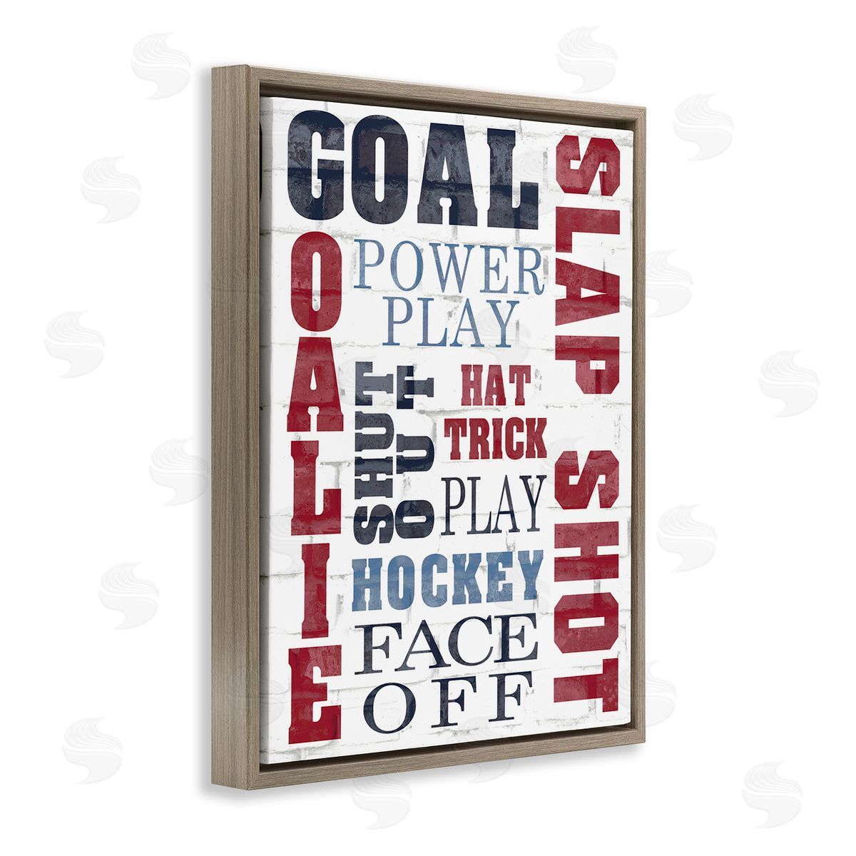 Kim Allen Patterned Hockey Phrases Brown Floating Frame Canvas Wall Art Print