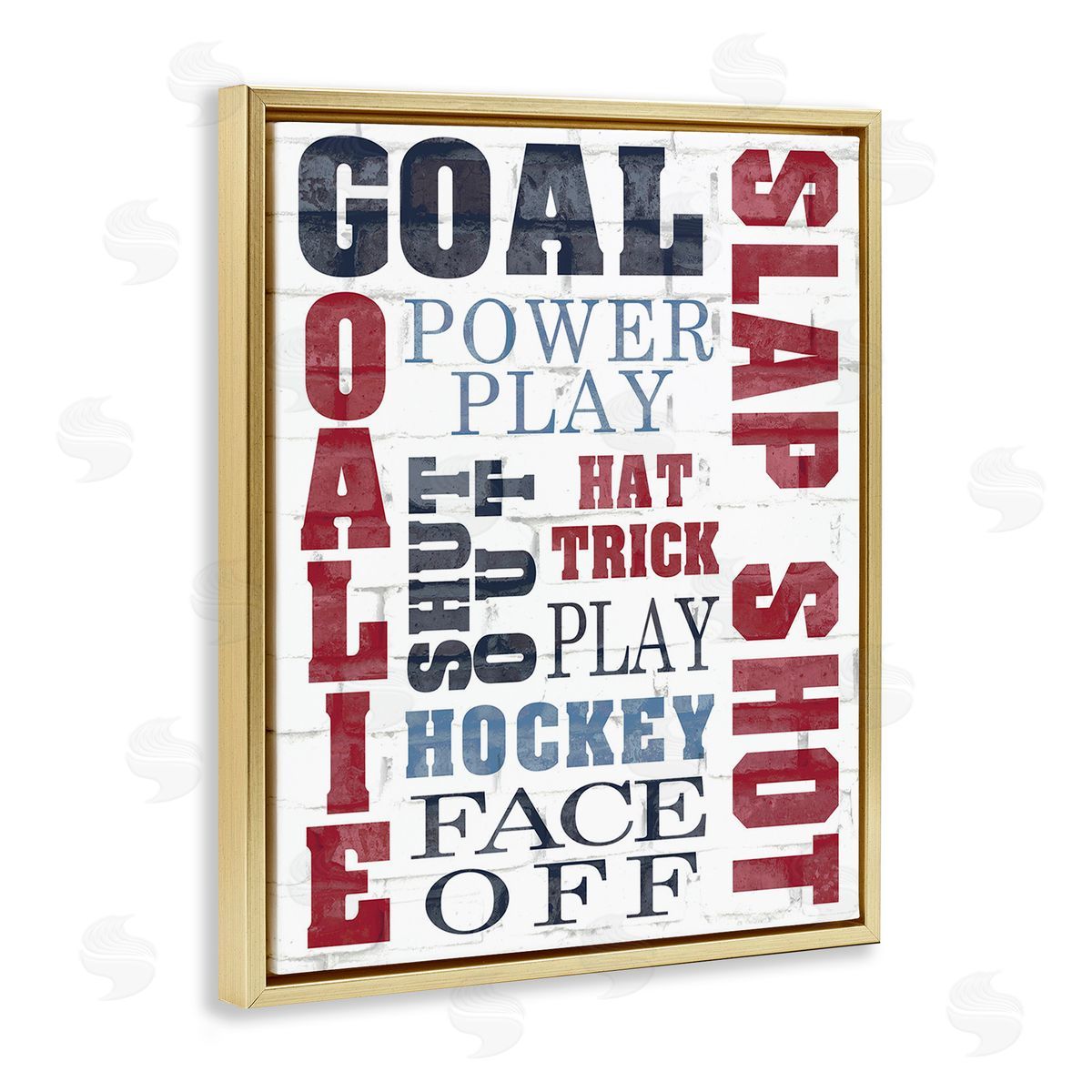 Kim Allen Patterned Hockey Phrases Gold Floating Frame Canvas Wall Art Print