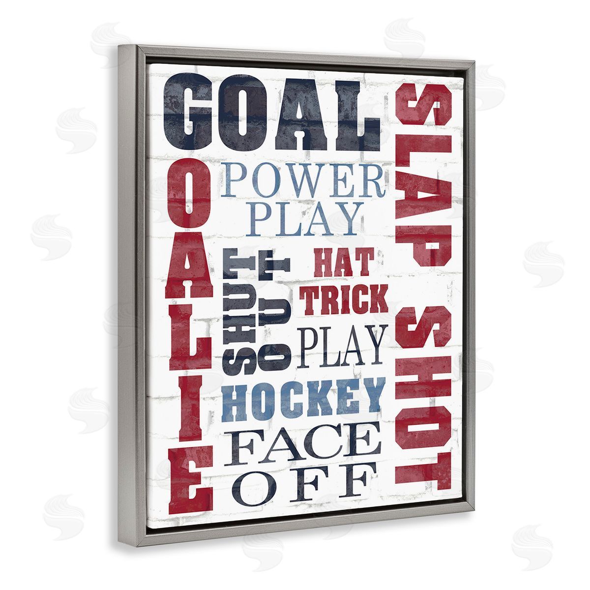 Kim Allen Patterned Hockey Phrases Gray Floating Frame Canvas Wall Art Print