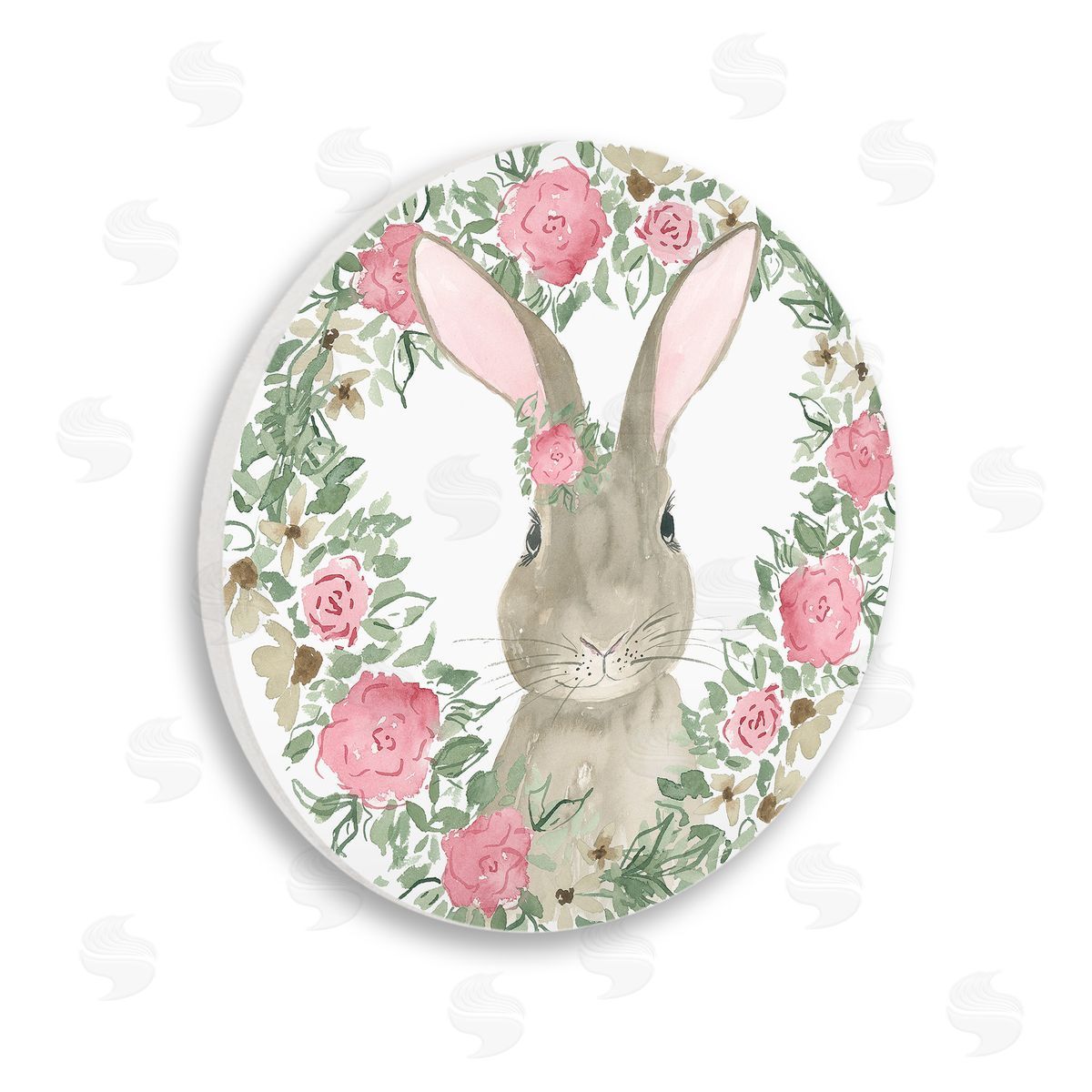 Lucille Price Bunny with Floral Border Wooden Wall Plaque Art Print