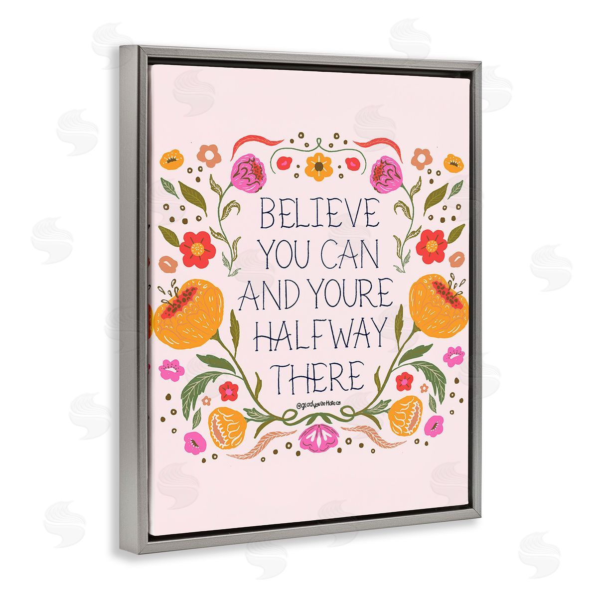Glad You're Here Co. Inspiring Believe with Florals Gray Floating Frame Canvas Wall Art Print