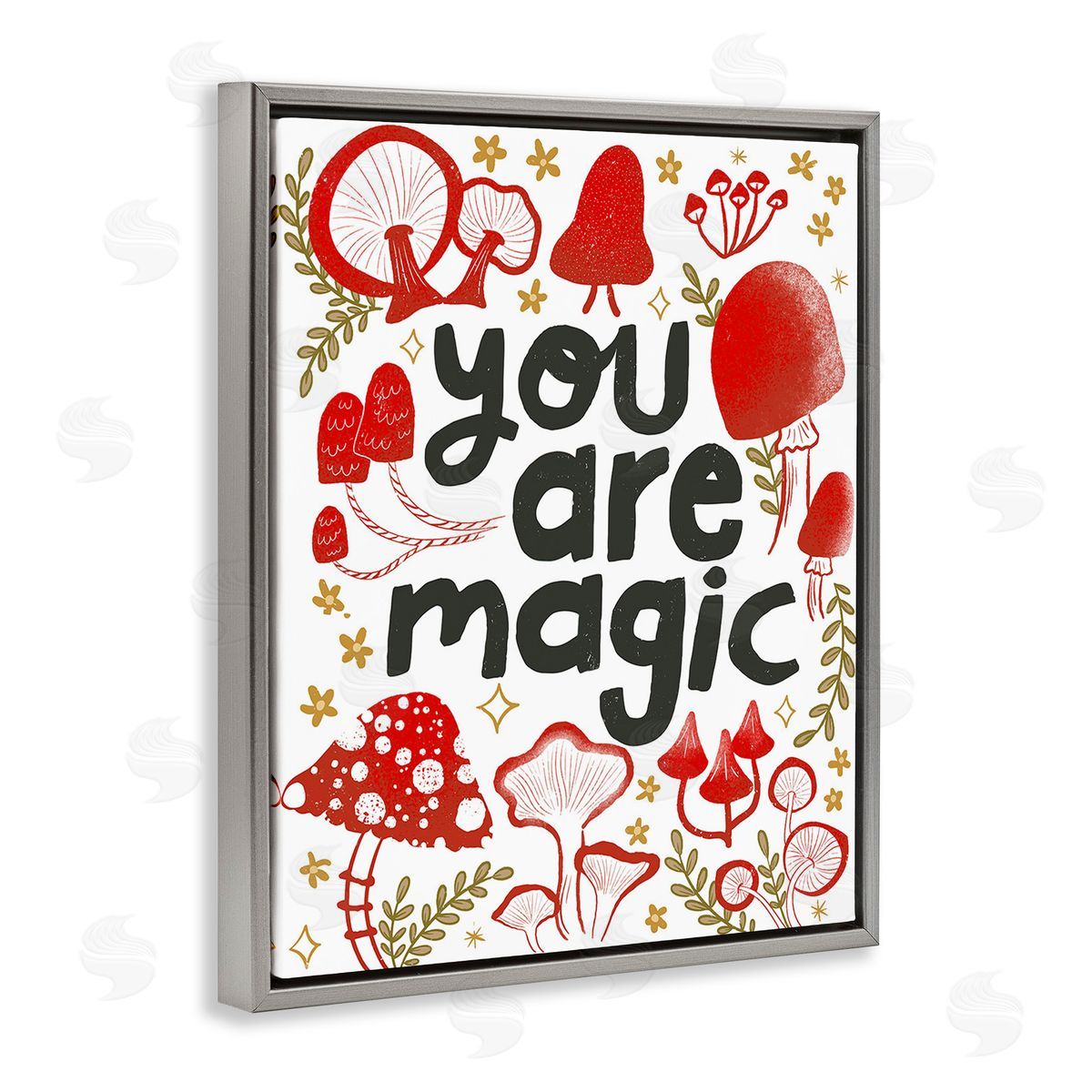 Glad You're Here Co. Magic Phrase with Mushrooms Gray Floating Frame Canvas Wall Art Print