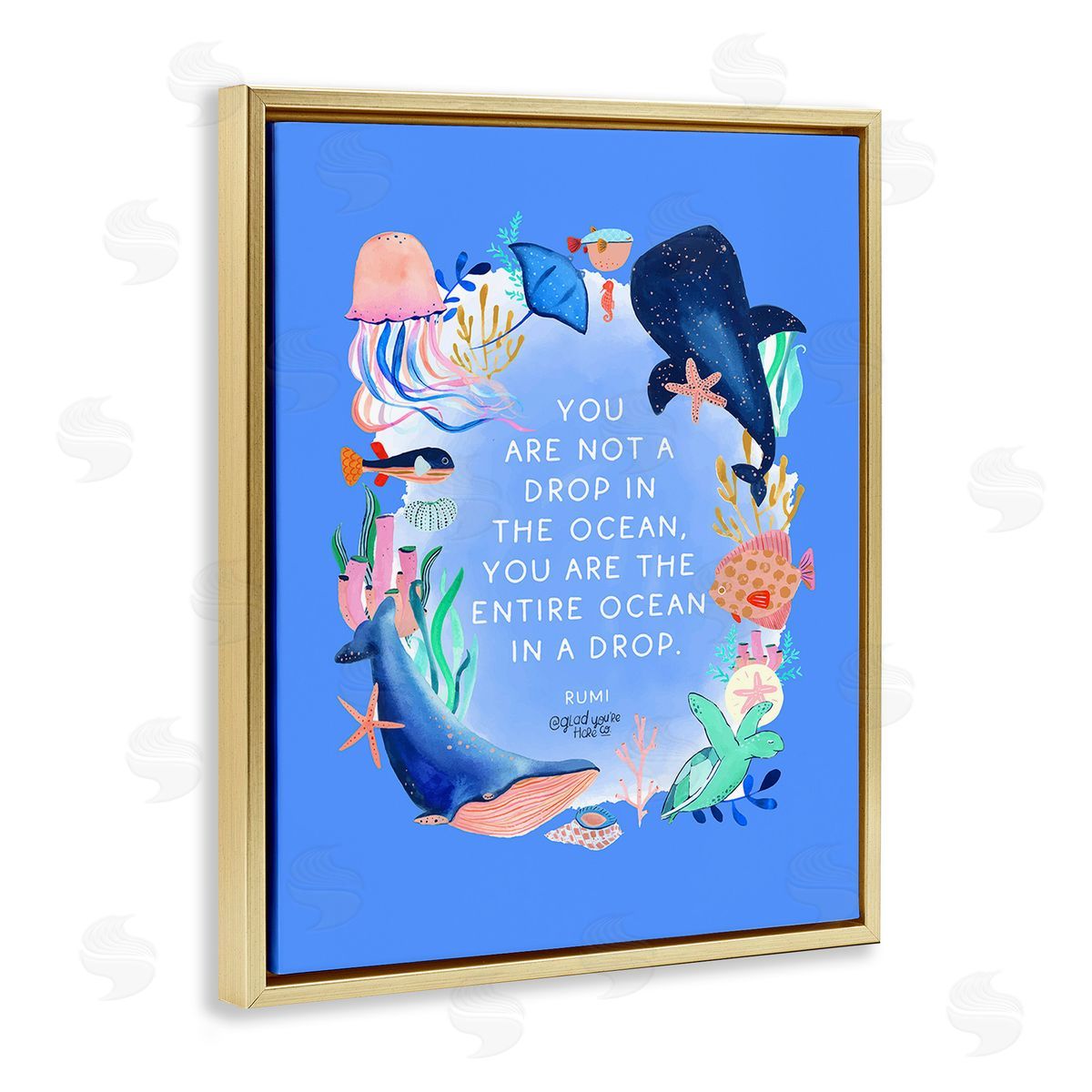 Glad You're Here Co. Ocean In A Drop Phrase Gold Floating Frame Canvas Wall Art Print