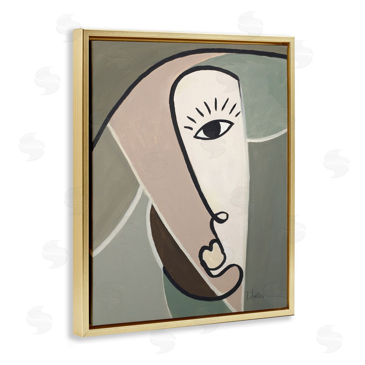Boho Cubism Face Gold Floating Frame Canvas Wall Art, Home Decor by Patricia Pinto