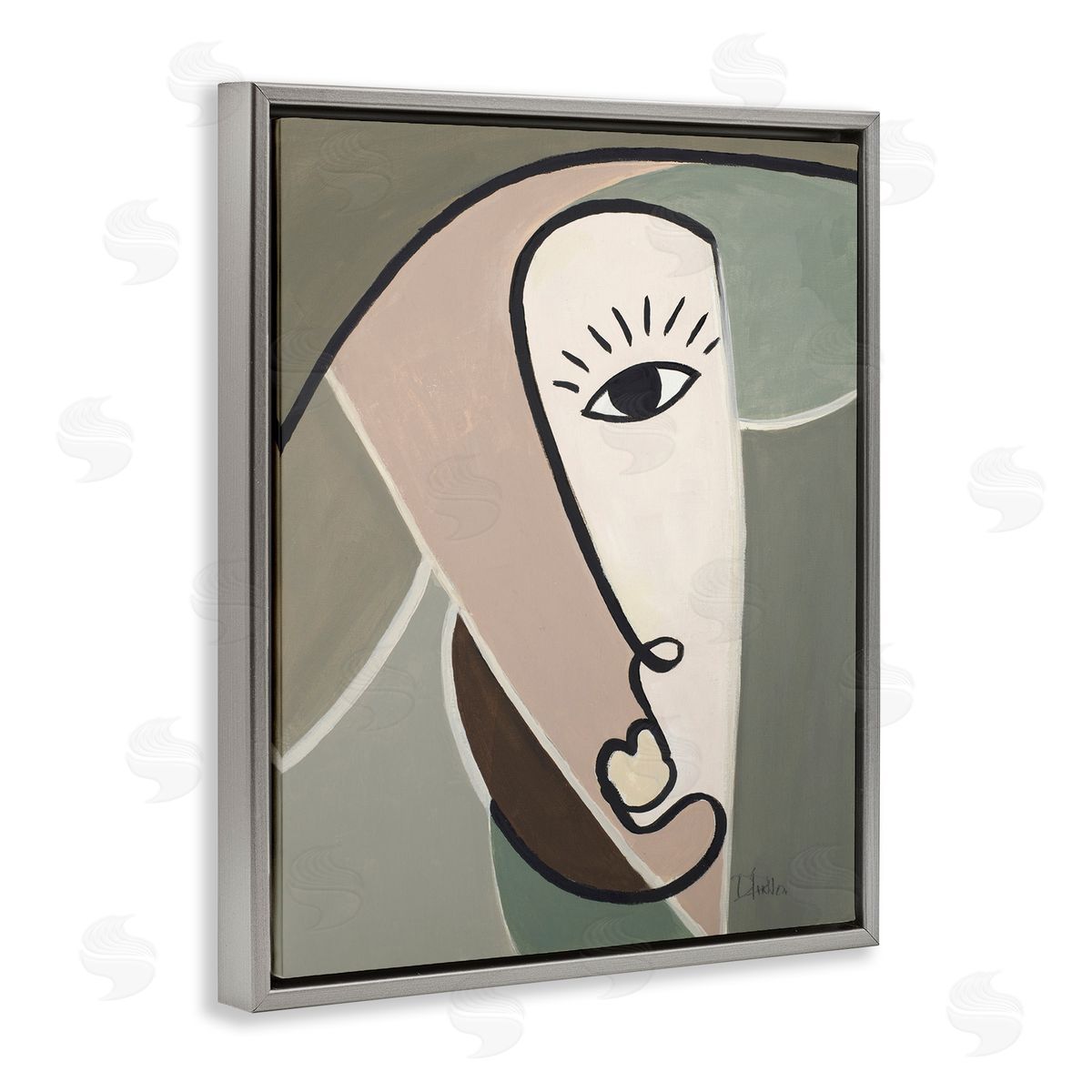 Boho Cubism Face Grey Floating Frame Canvas Wall Art, Home Decor by Patricia Pinto