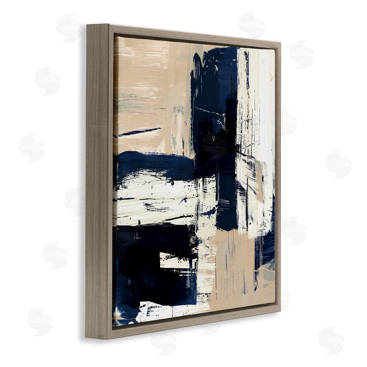 Expressive Blue Tan Shapes Brown Floating Frame Canvas Wall Art, Home Decor by Susan Jill