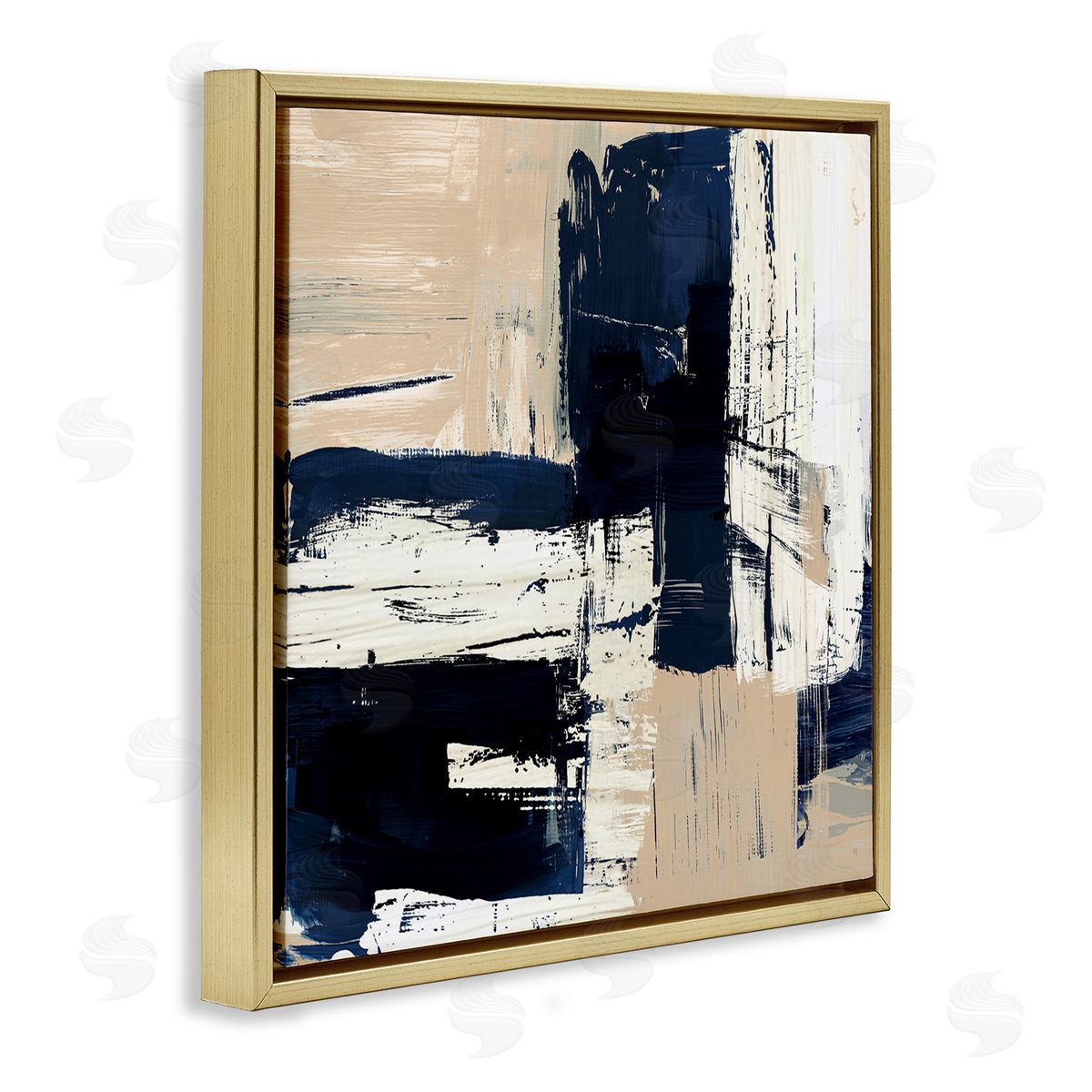 Expressive Blue Tan Shapes Gold Floating Frame Canvas Wall Art, Home Decor by Susan Jill