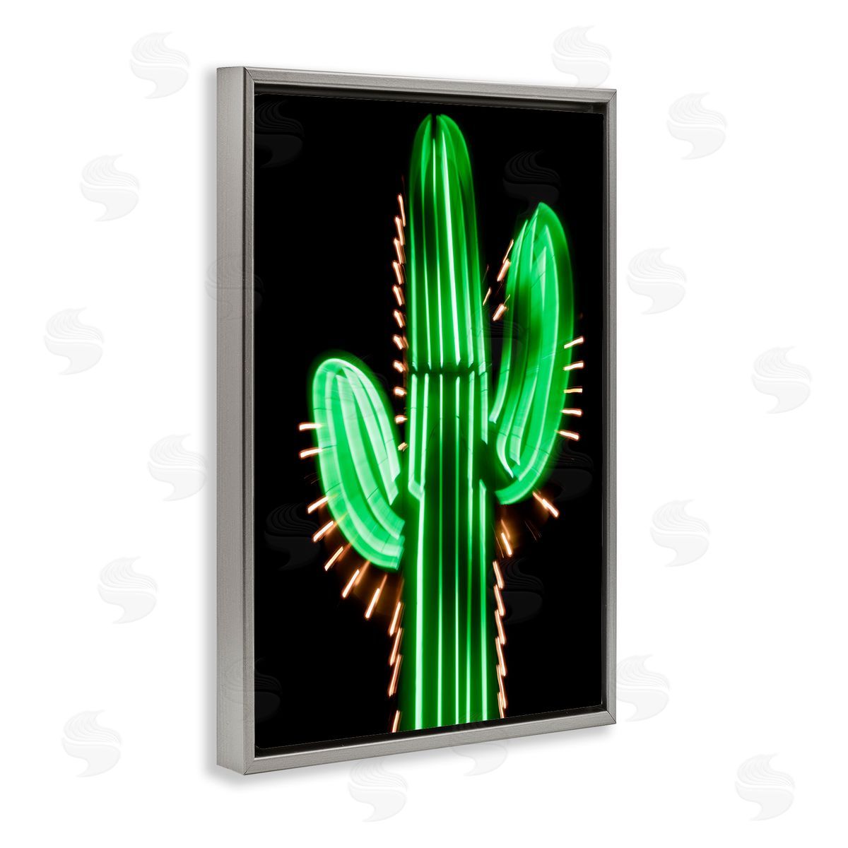 Neon Lights Cactus Grey Floating Frame Canvas Wall Art, Home Decor by Danita Delimont