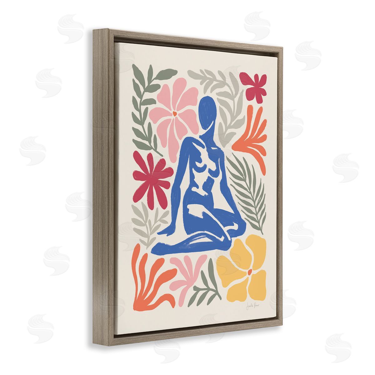 Abstract Garden and Woman Brown Floating Frame Canvas Wall Art, Home Decor by Janelle Penner