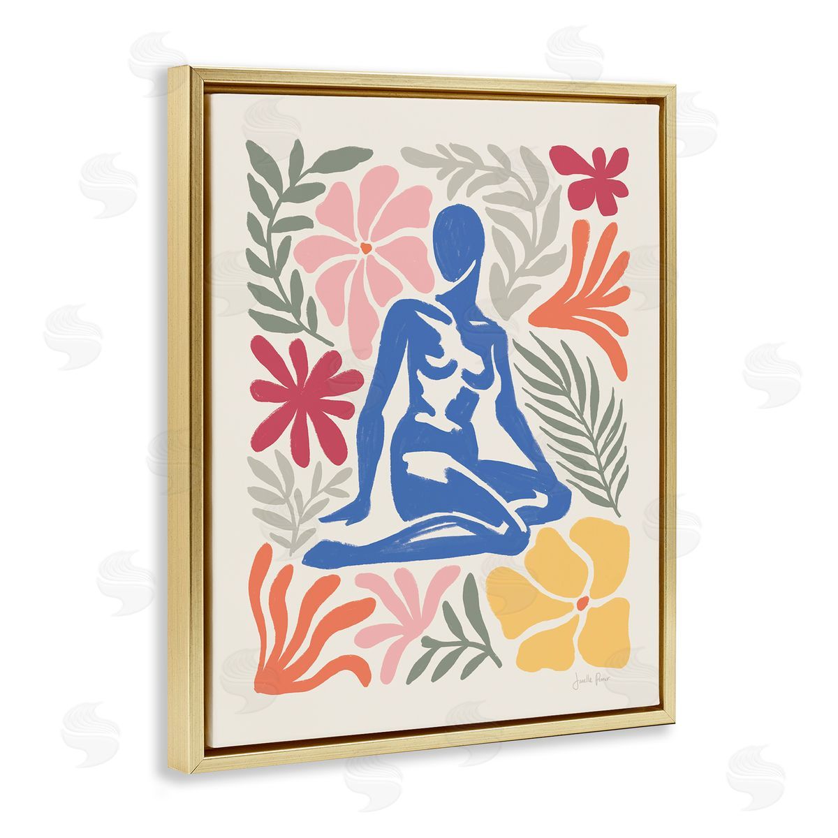 Abstract Garden and Woman Gold Floating Frame Canvas Wall Art, Home Decor by Janelle Penner