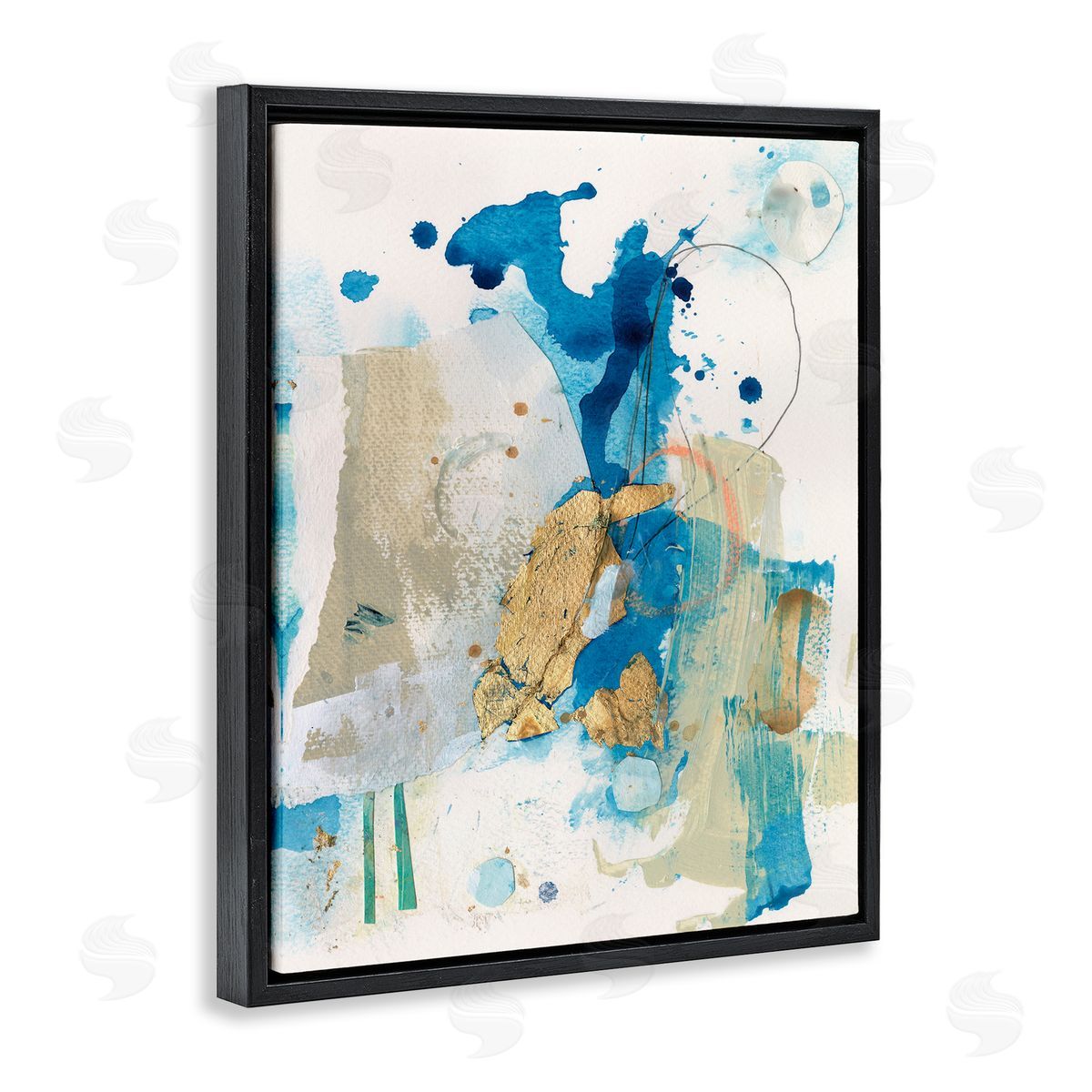 Blue and Gold Splash Abstract Black Floating Frame Canvas Wall Art, Home Decor by Allison Ford