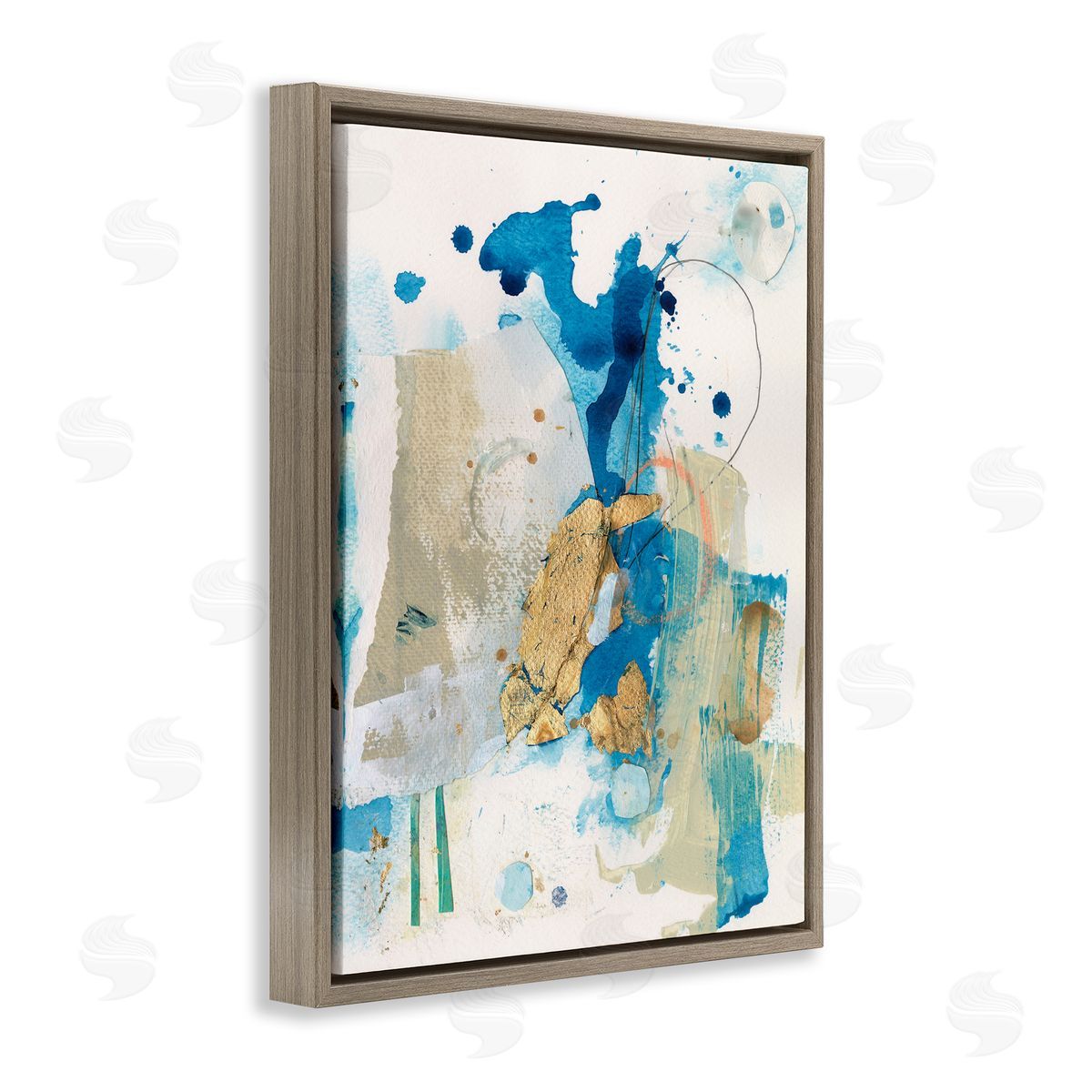 Blue and Gold Splash Abstract Brown Floating Frame Canvas Wall Art, Home Decor by Allison Ford