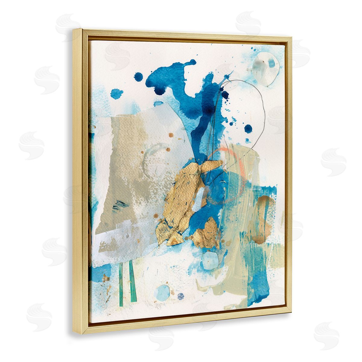 Blue and Gold Splash Abstract Gold Floating Frame Canvas Wall Art, Home Decor by Allison Ford