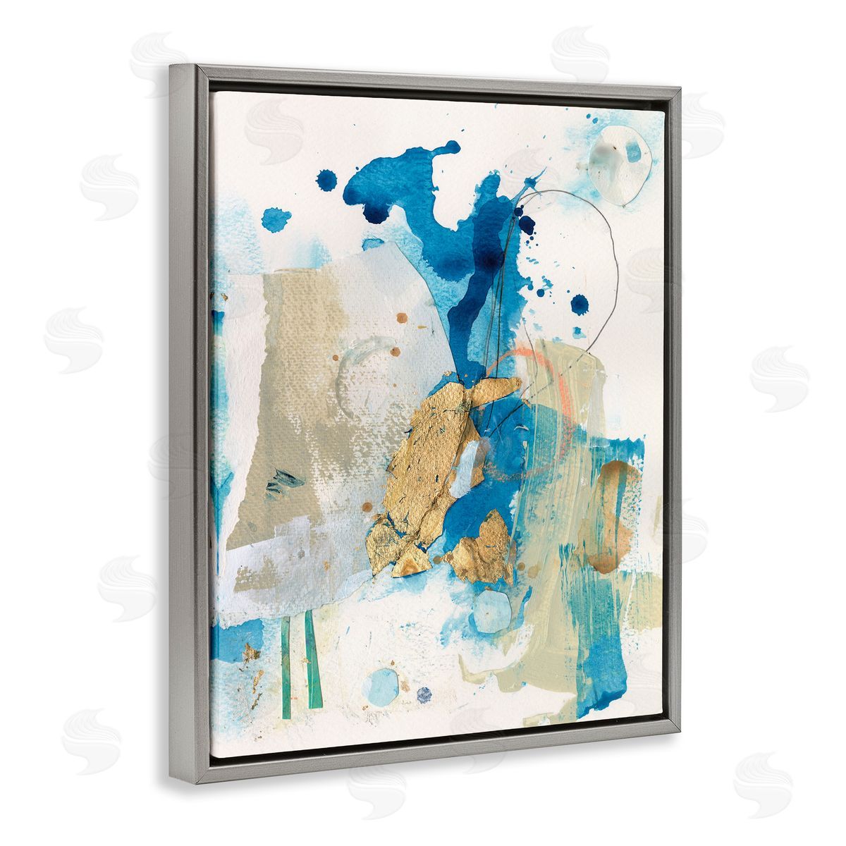 Blue and Gold Splash Abstract Grey Floating Frame Canvas Wall Art, Home Decor by Allison Ford