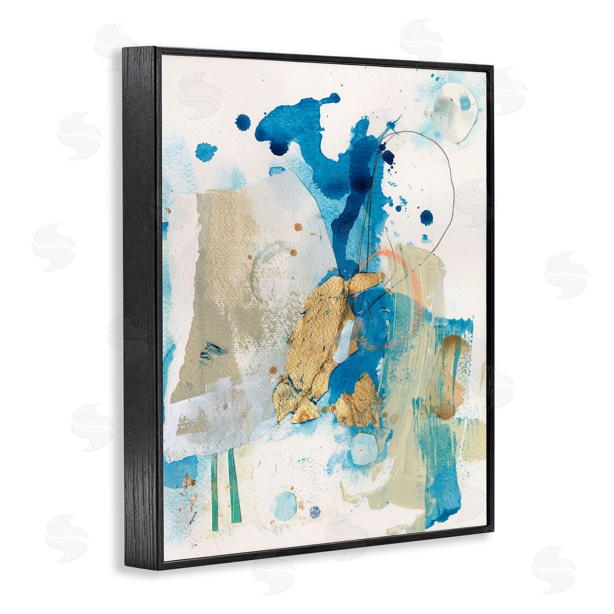 Blue and Gold Splash Abstract Black Frame Print Wall Art, Home Decor by Allison Ford