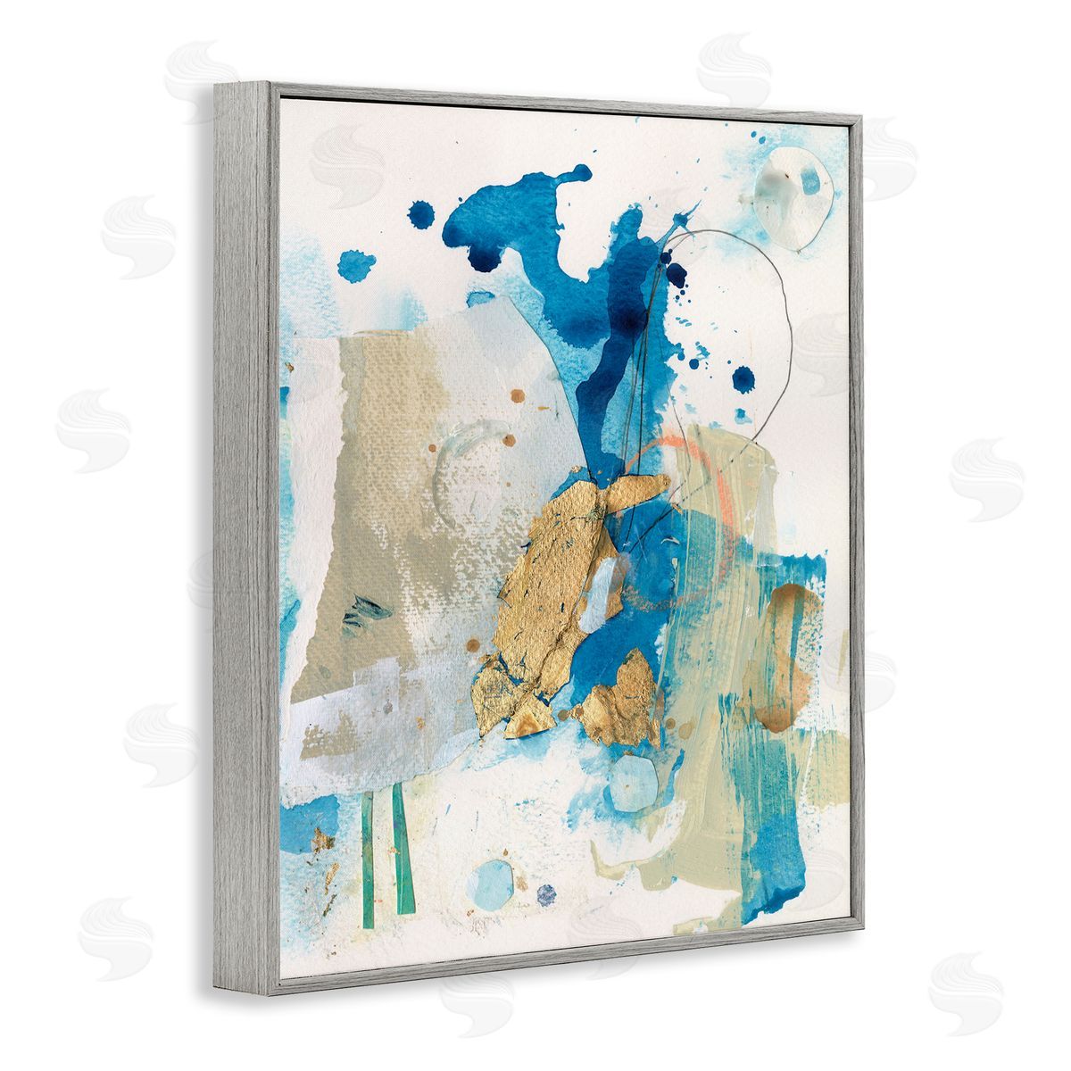 Blue and Gold Splash Abstract Grey Frame Print Wall Art, Home Decor by Allison Ford