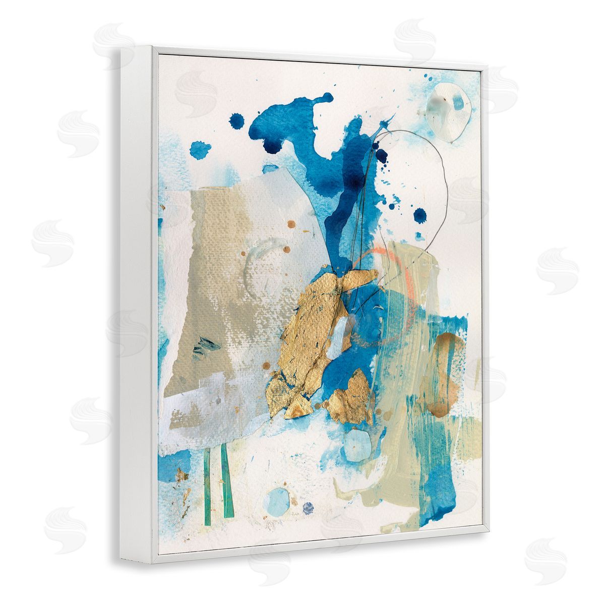 Blue and Gold Splash Abstract White Frame Print Wall Art, Home Decor by Allison Ford