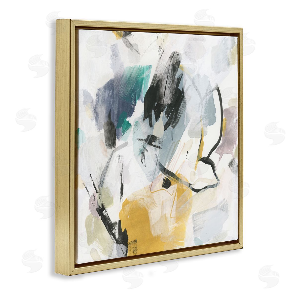 Chaotic Abstract Yellow Accent Gold Floating Frame Canvas Wall Art, Home Decor by June Erica Vess