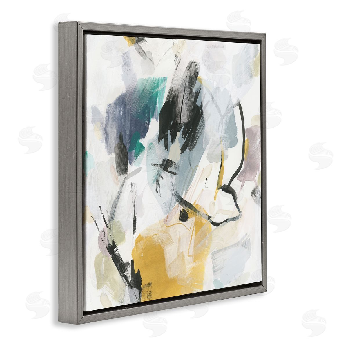 Chaotic Abstract Yellow Accent Grey Floating Frame Canvas Wall Art, Home Decor by June Erica Vess
