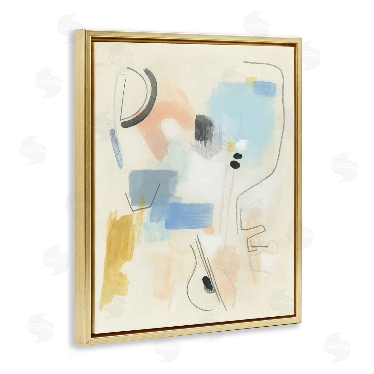 Modern Scribble Abstraction Gold Floating Frame Canvas Wall Art, Home Decor by June Erica Vess