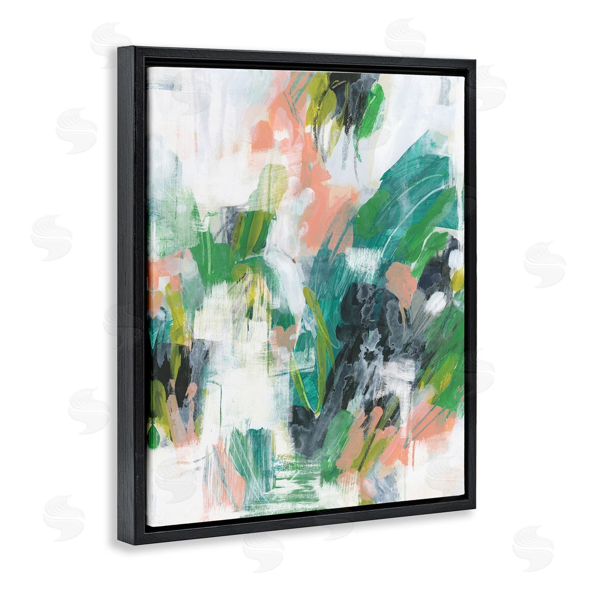 Chaotic Green Paint Strokes Black Floating Frame Canvas Wall Art, Home Decor by June Erica Vess