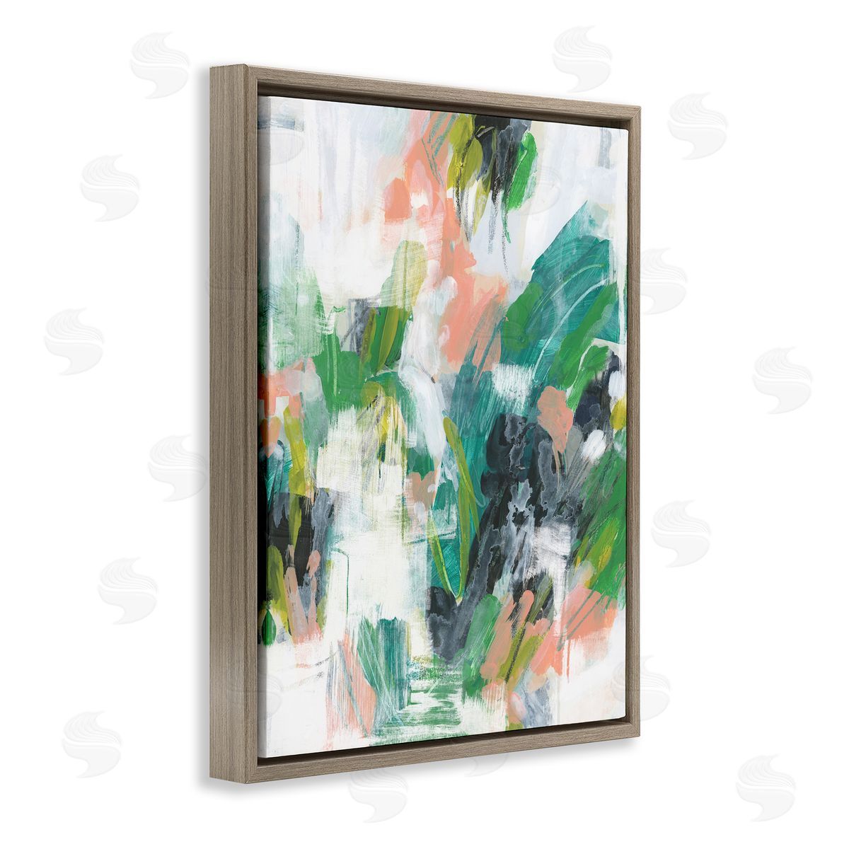 Chaotic Green Paint Strokes Brown Floating Frame Canvas Wall Art, Home Decor by June Erica Vess