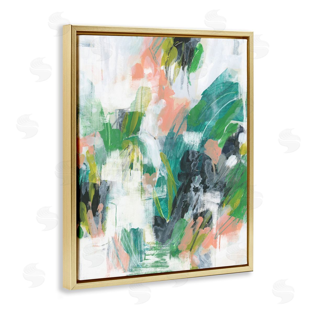 Chaotic Green Paint Strokes Gold Floating Frame Canvas Wall Art, Home Decor by June Erica Vess