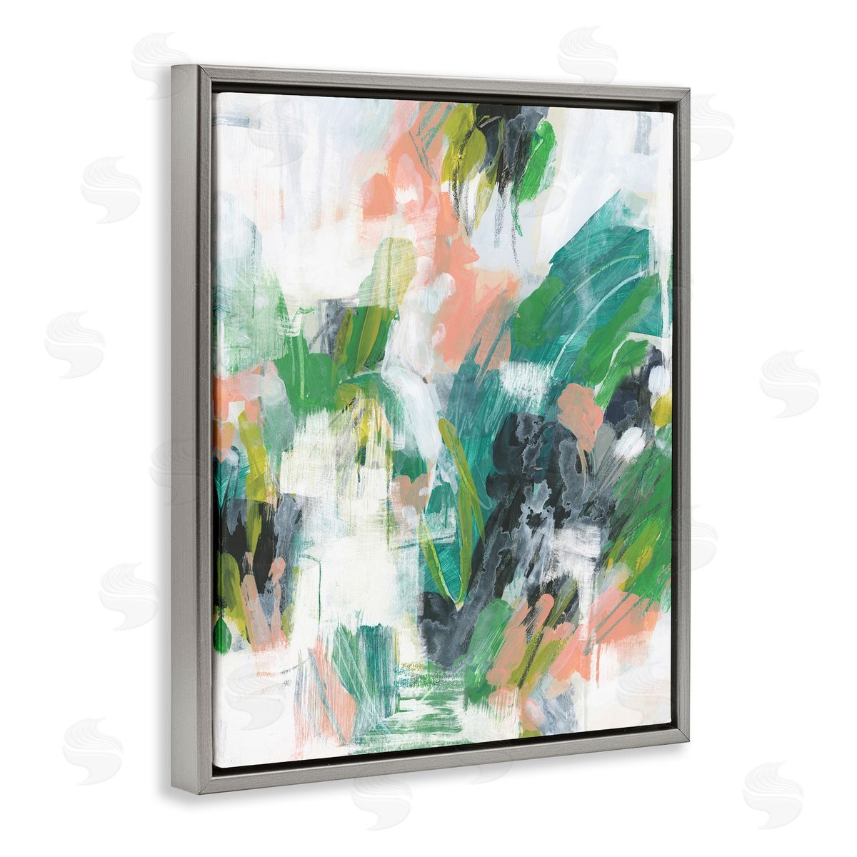 Chaotic Green Paint Strokes Grey Floating Frame Canvas Wall Art, Home Decor by June Erica Vess