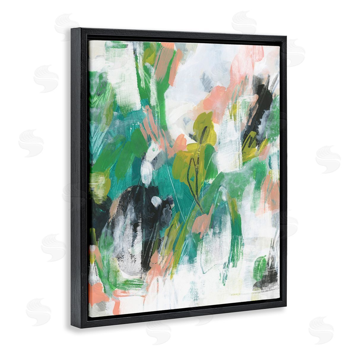 Chaotic Green and Pink Abstract Black Floating Frame Canvas Wall Art, Home Decor by June Erica Vess