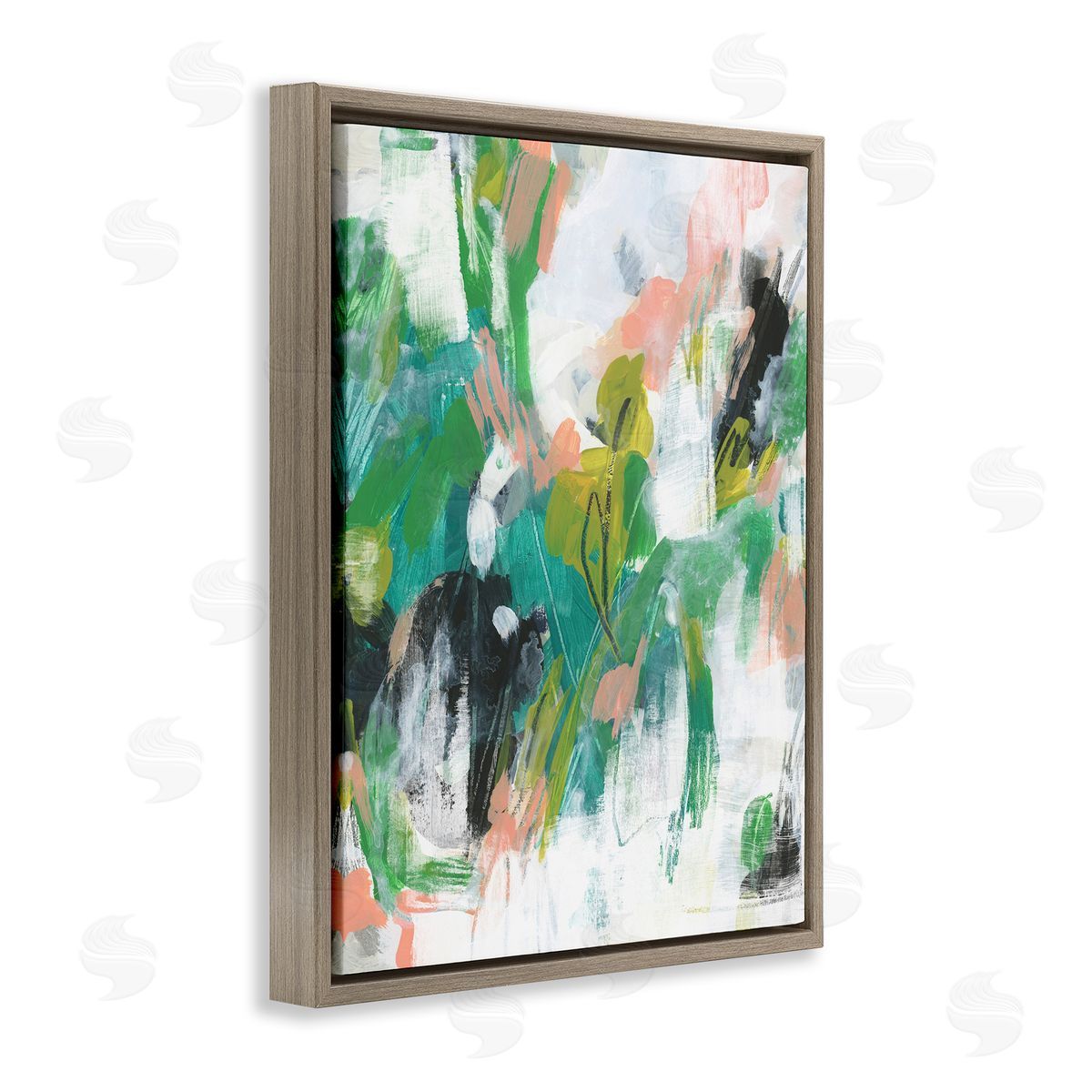 Chaotic Green and Pink Abstract Brown Floating Frame Canvas Wall Art, Home Decor by June Erica Vess