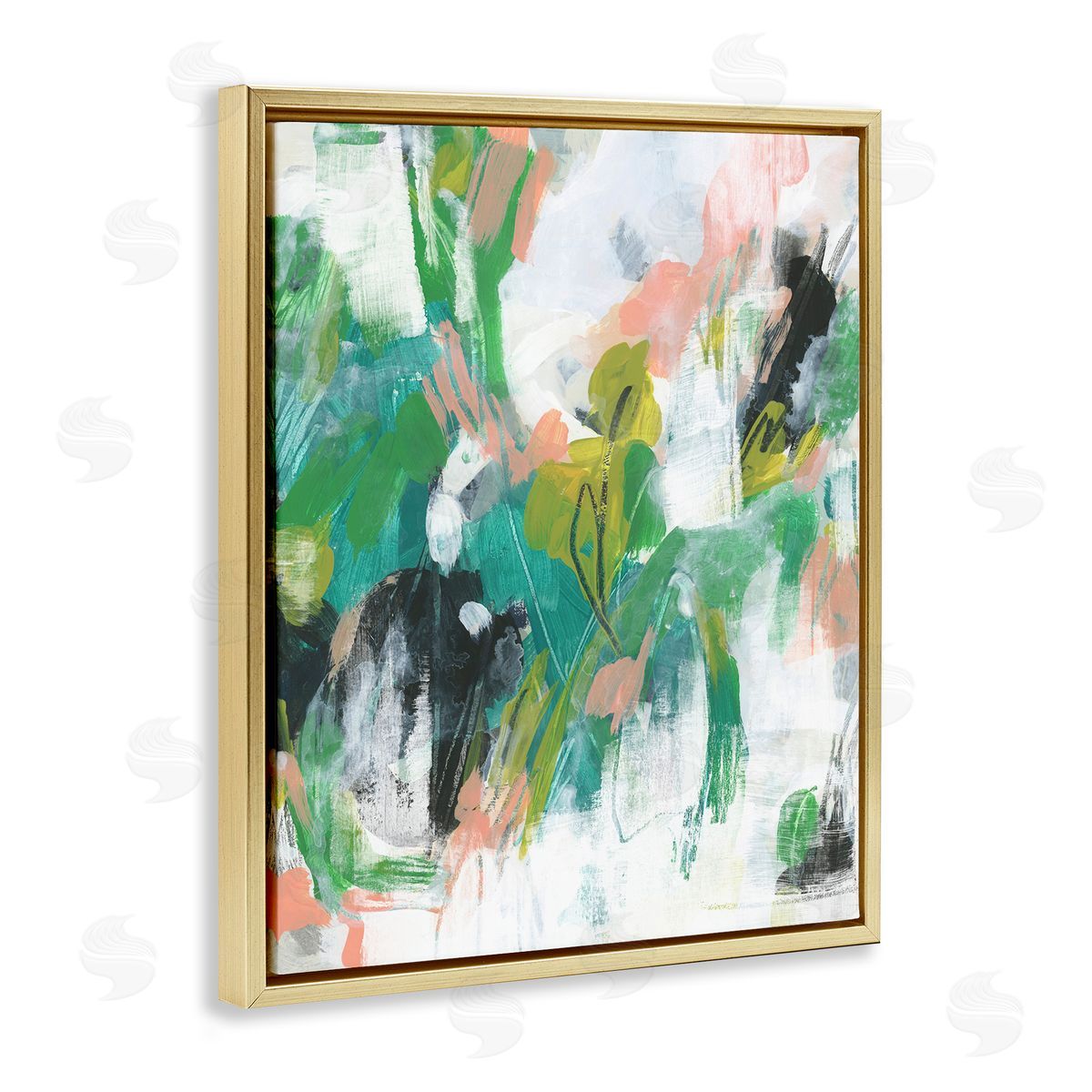 Chaotic Green and Pink Abstract Gold Floating Frame Canvas Wall Art, Home Decor by June Erica Vess