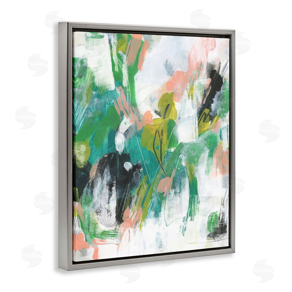 Chaotic Green and Pink Abstract Grey Floating Frame Canvas Wall Art, Home Decor by June Erica Vess