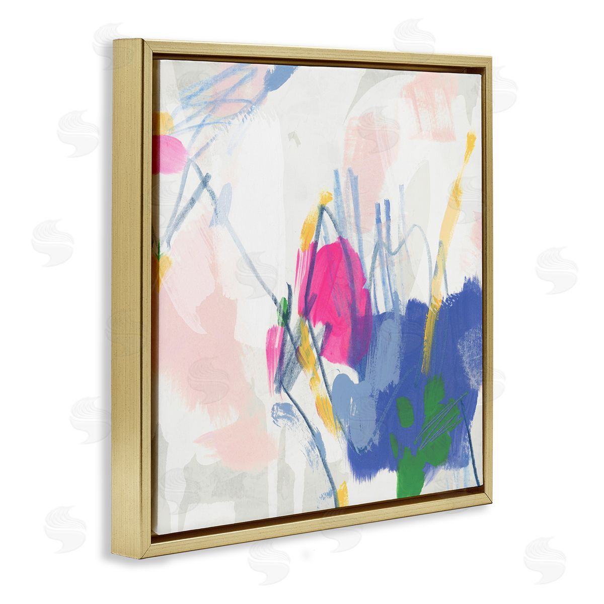 Blue and Pink Abstract Scribble Gold Floating Frame Canvas Wall Art, Home Decor by June Erica Vess