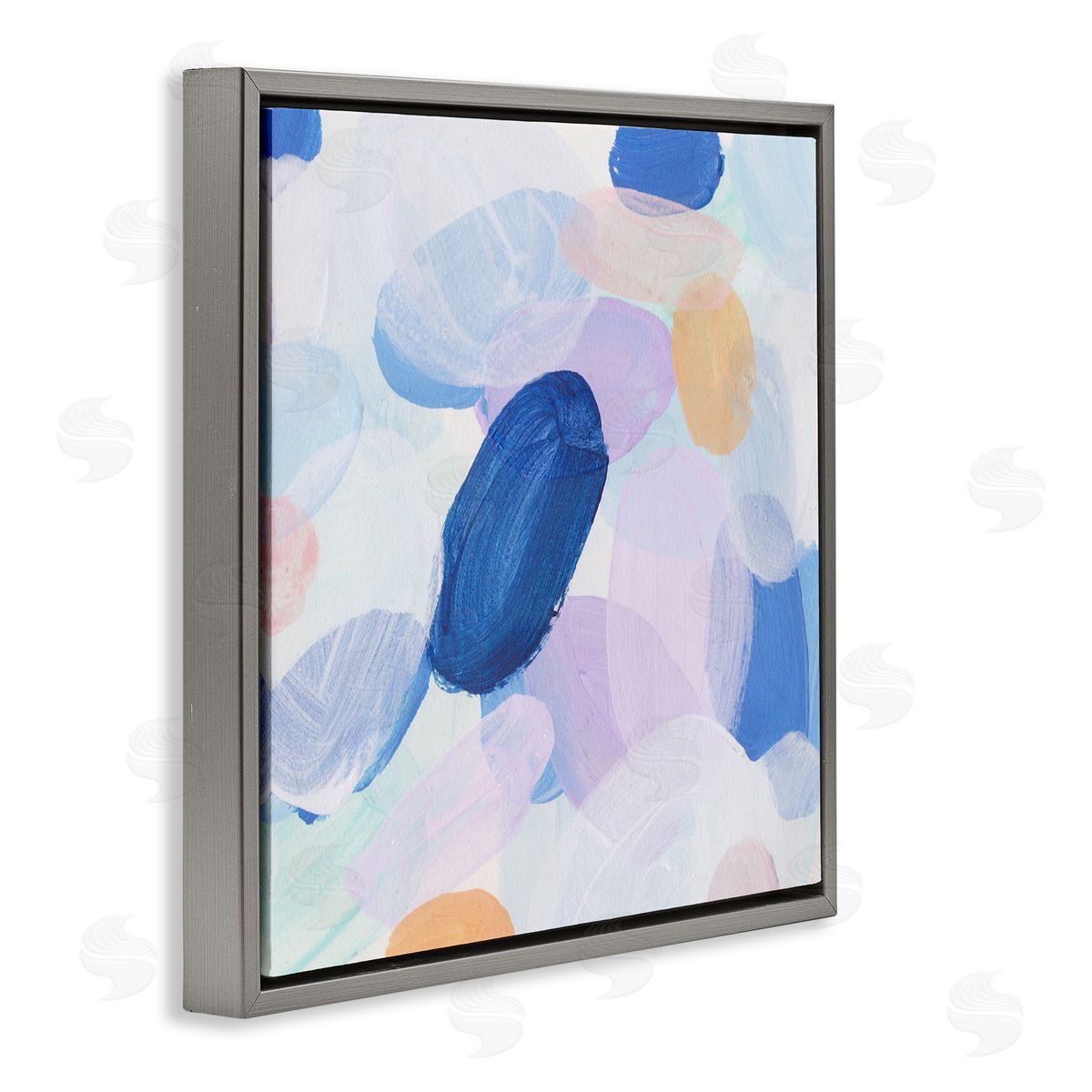 Blue Oblong Paint Strokes Grey Floating Frame Canvas Wall Art, Home Decor by Melissa Wang
