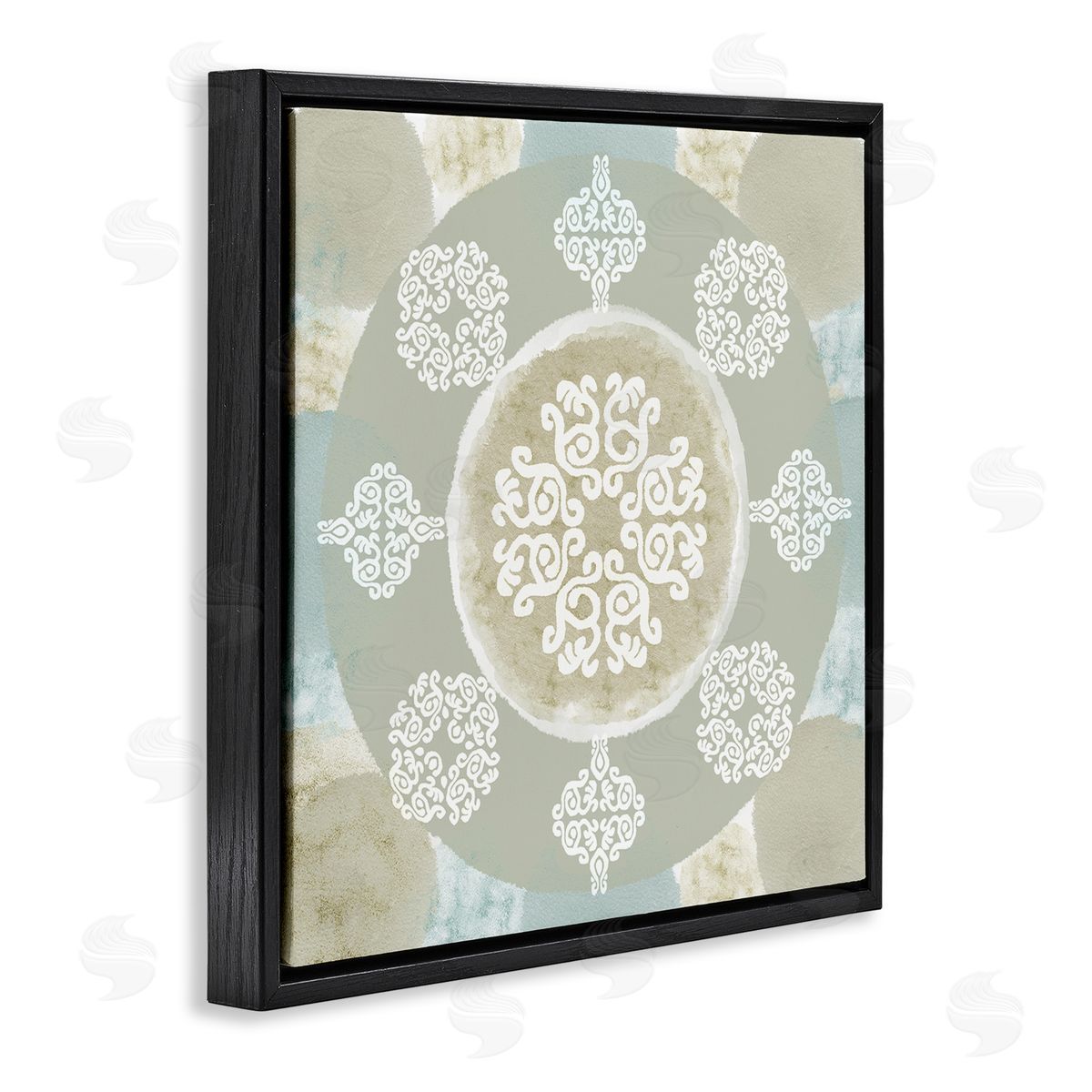 Mint and Beige Mandala Black Floating Frame Canvas Wall Art, Home Decor by Flora Kouta