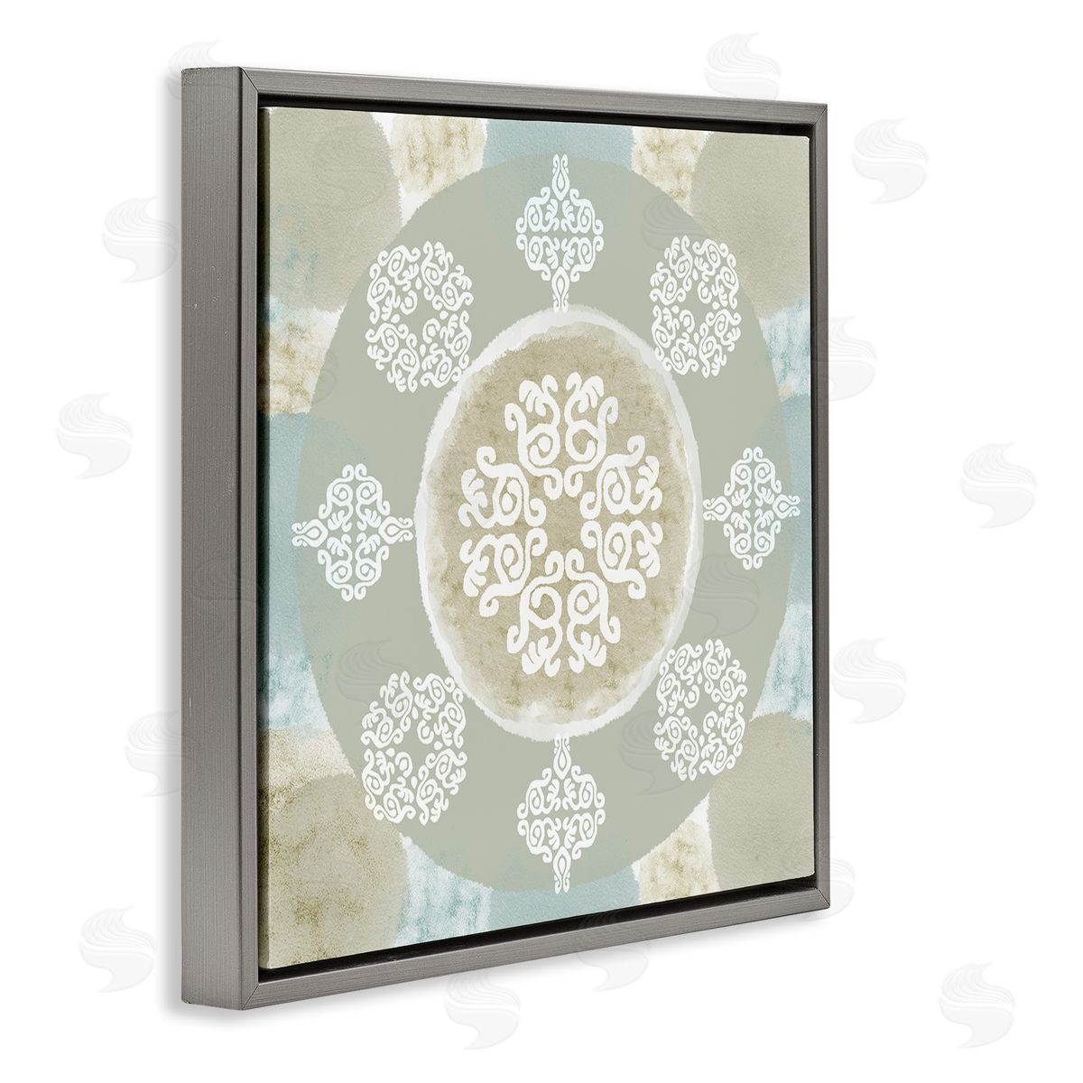 Mint and Beige Mandala Grey Floating Frame Canvas Wall Art, Home Decor by Flora Kouta