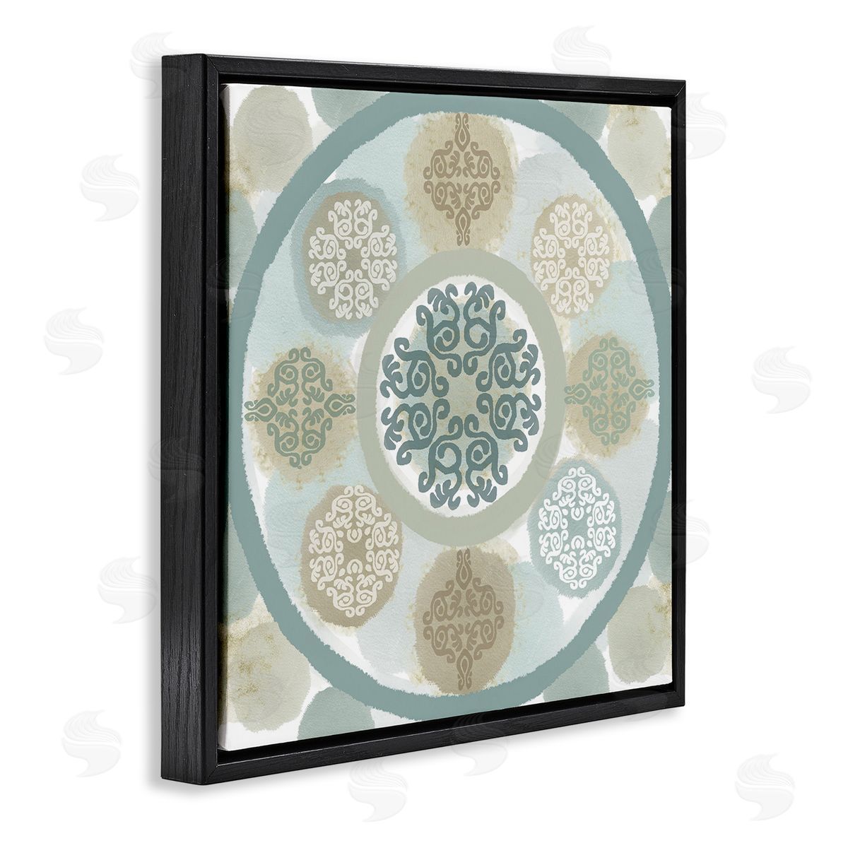 Mint Mandala Fractals Black Floating Frame Canvas Wall Art, Home Decor by Flora Kouta