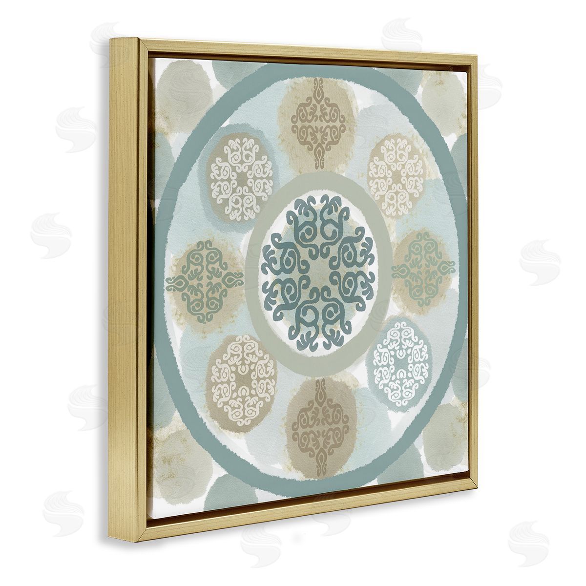 Mint Mandala Fractals Gold Floating Frame Canvas Wall Art, Home Decor by Flora Kouta