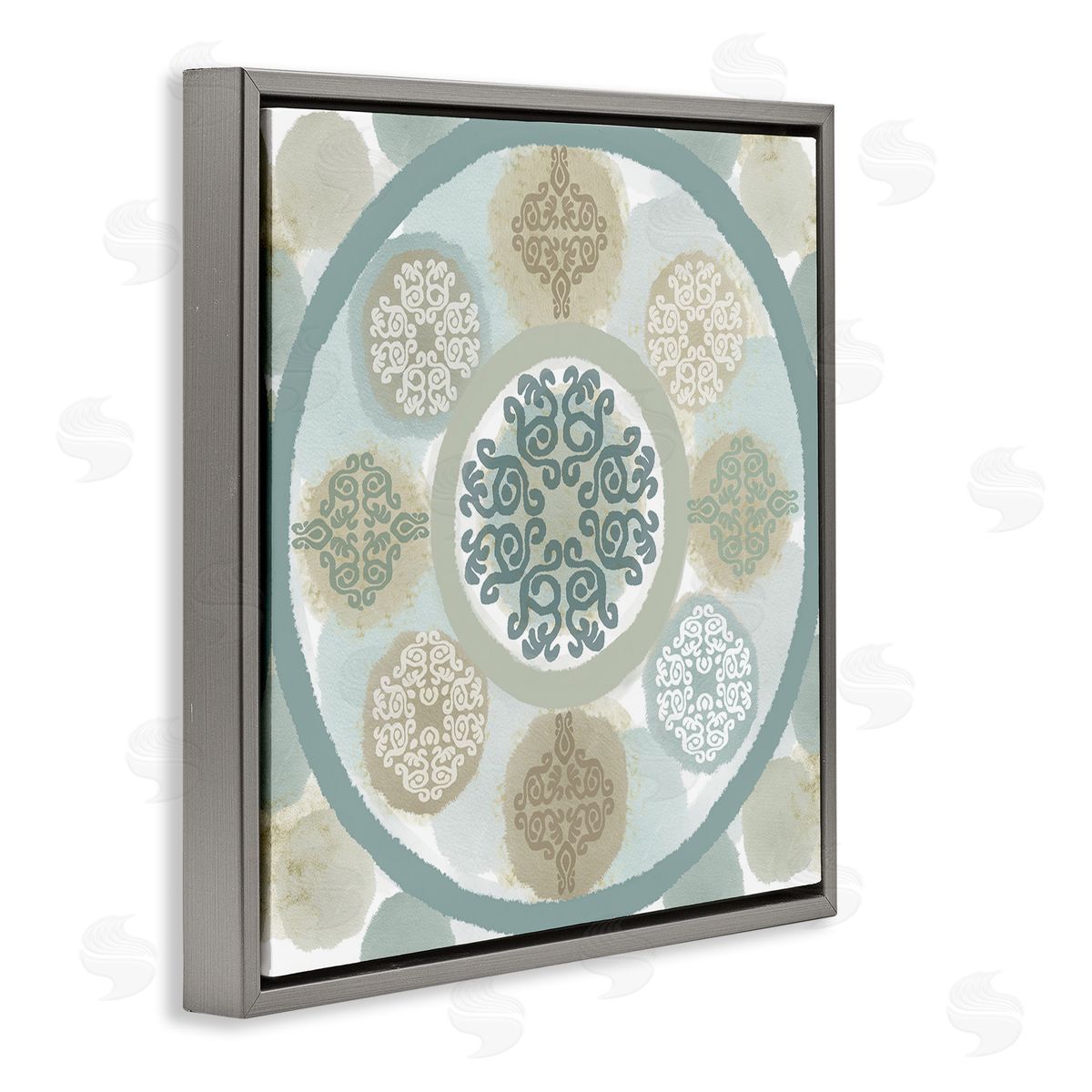 Mint Mandala Fractals Grey Floating Frame Canvas Wall Art, Home Decor by Flora Kouta