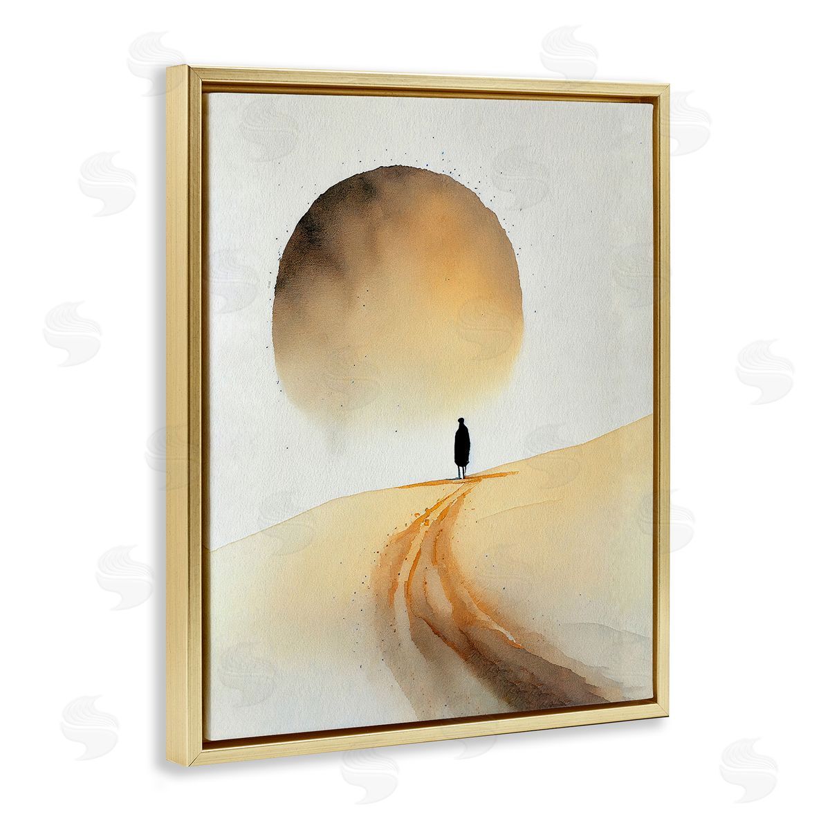 Person Walking Desert Dunes Gold Floating Frame Canvas Wall Art, Home Decor by Incado
