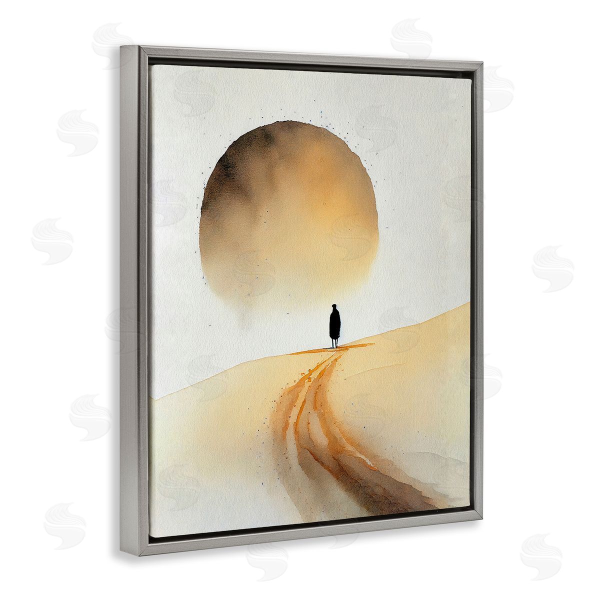 Person Walking Desert Dunes Grey Floating Frame Canvas Wall Art, Home Decor by Incado