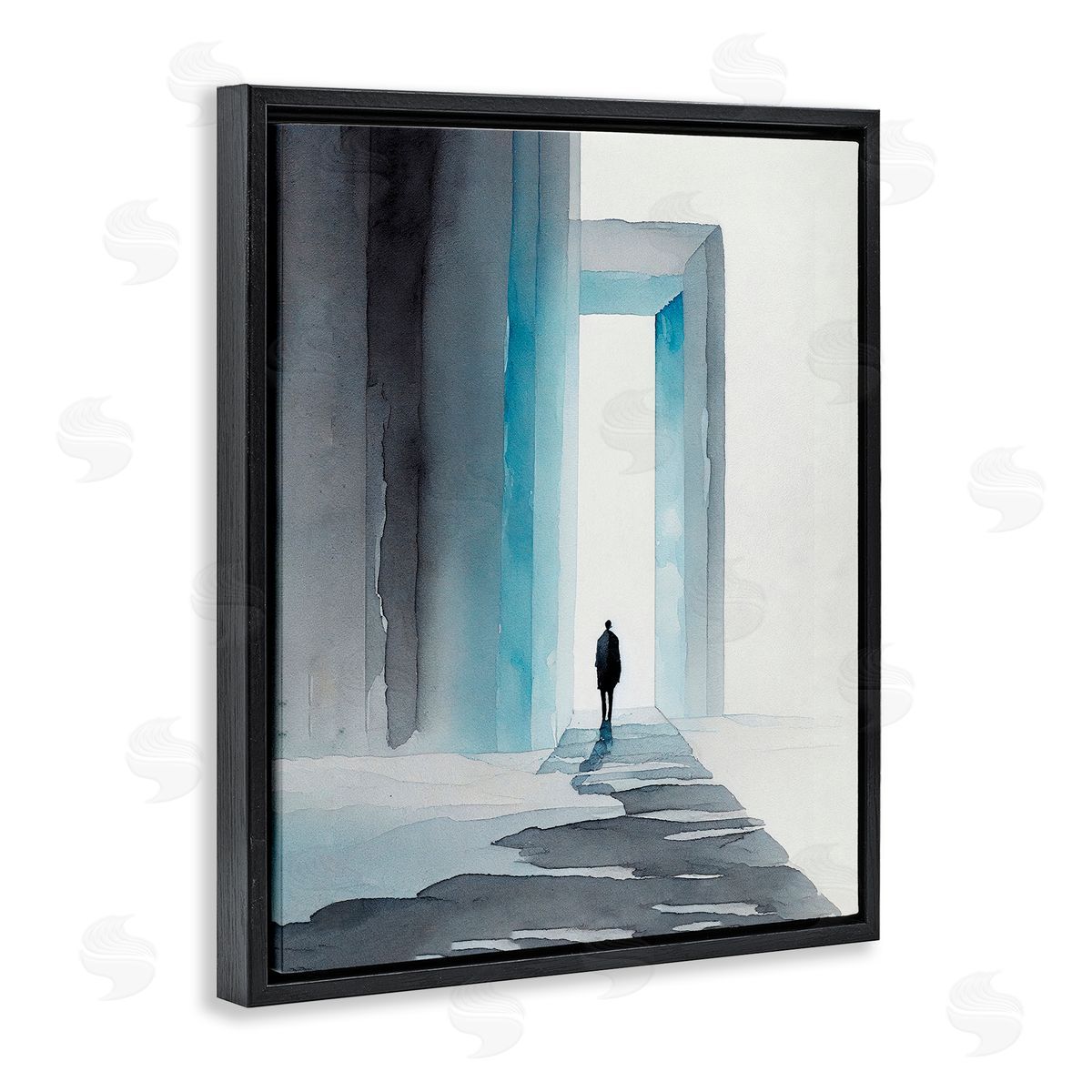 Person with Snowy Doorway Black Floating Frame Canvas Wall Art, Home Decor by Incado