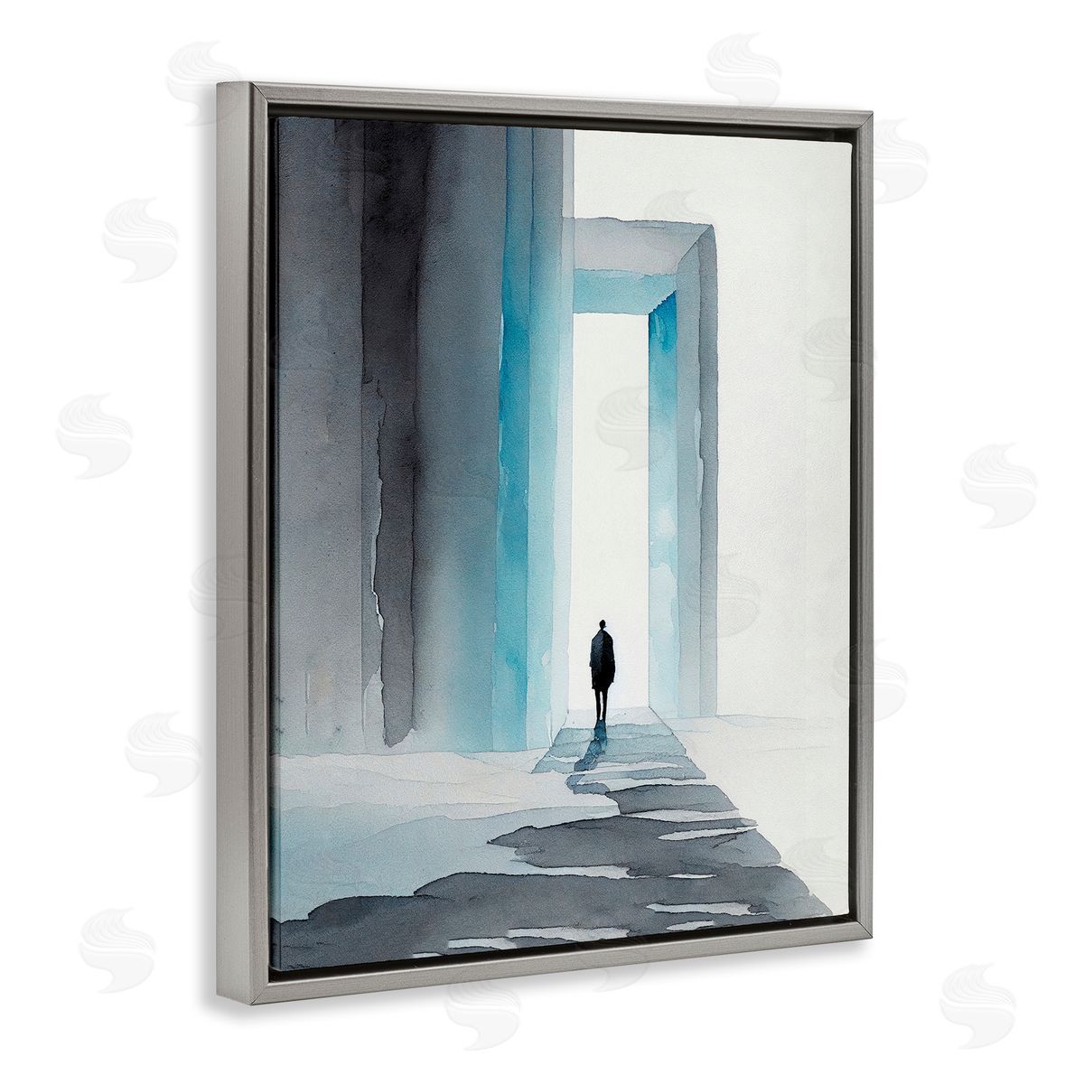 Person with Snowy Doorway Grey Floating Frame Canvas Wall Art, Home Decor by Incado