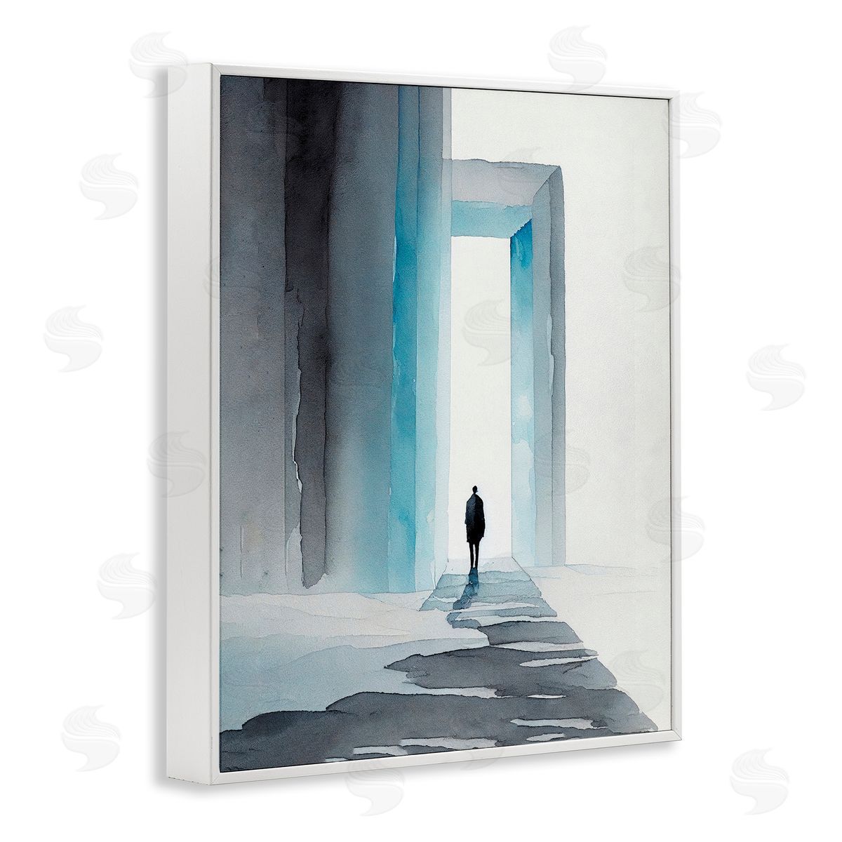 Person with Snowy Doorway White Frame Print Wall Art, Home Decor by Incado
