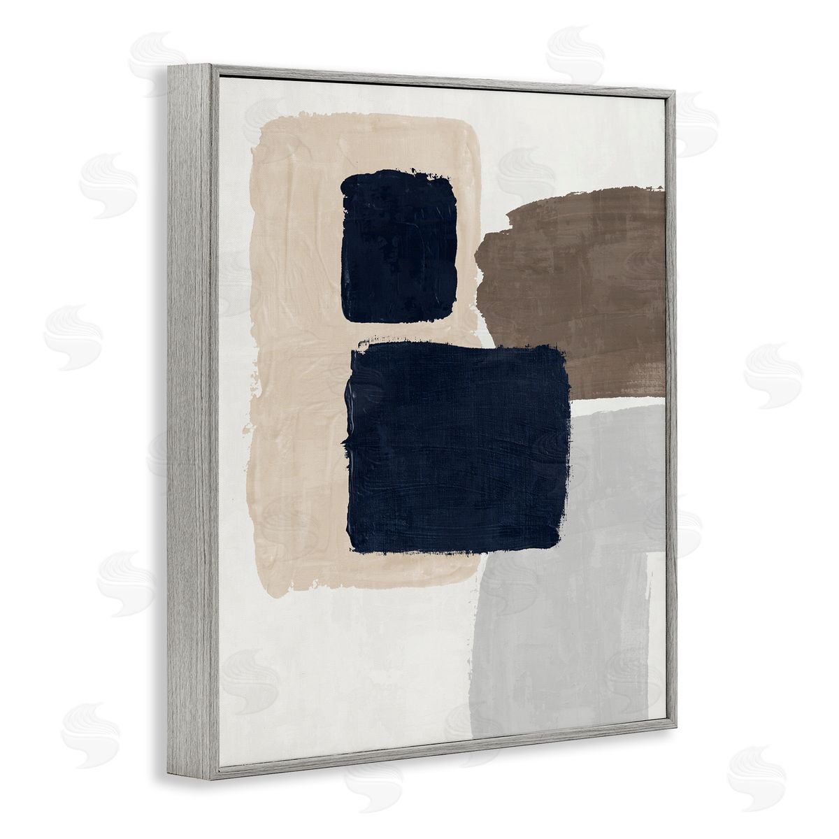 Navy Blocked Shapes Grey Frame Print Wall Art, Home Decor by Nina Blue