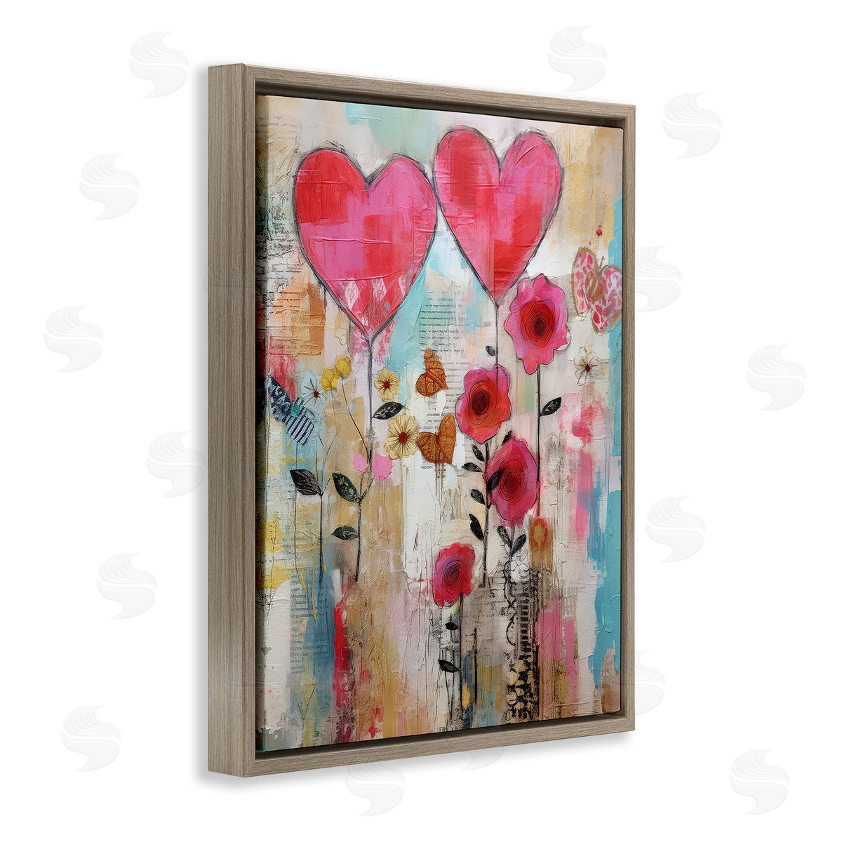 LSR Design Studio Whimsical Hearts & Garden Brown Floating Frame Canvas Wall Art Print