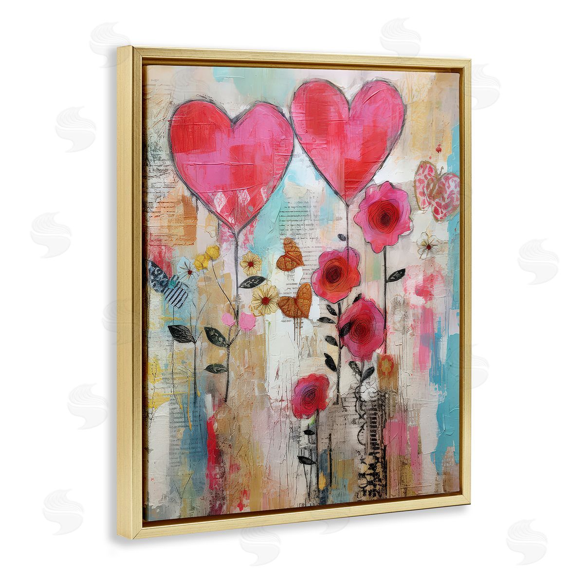LSR Design Studio Whimsical Hearts & Garden Gold Floating Frame Canvas Wall Art Print