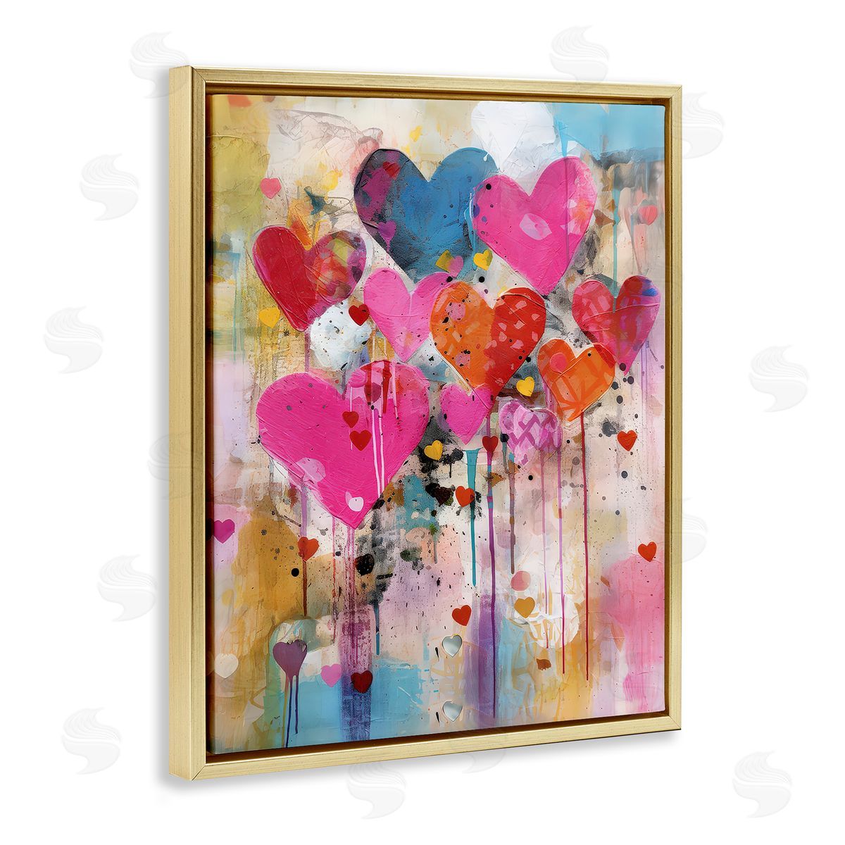 LSR Design Studio Whimsical Love Hearts Pattern Gold Floating Frame Canvas Wall Art Print