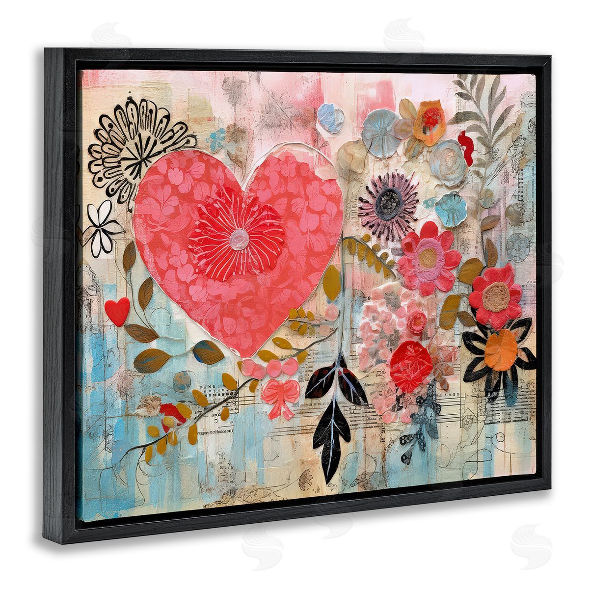 LSR Design Studio Playful Heart & Flowers Black Floating Frame Canvas Wall Art Print