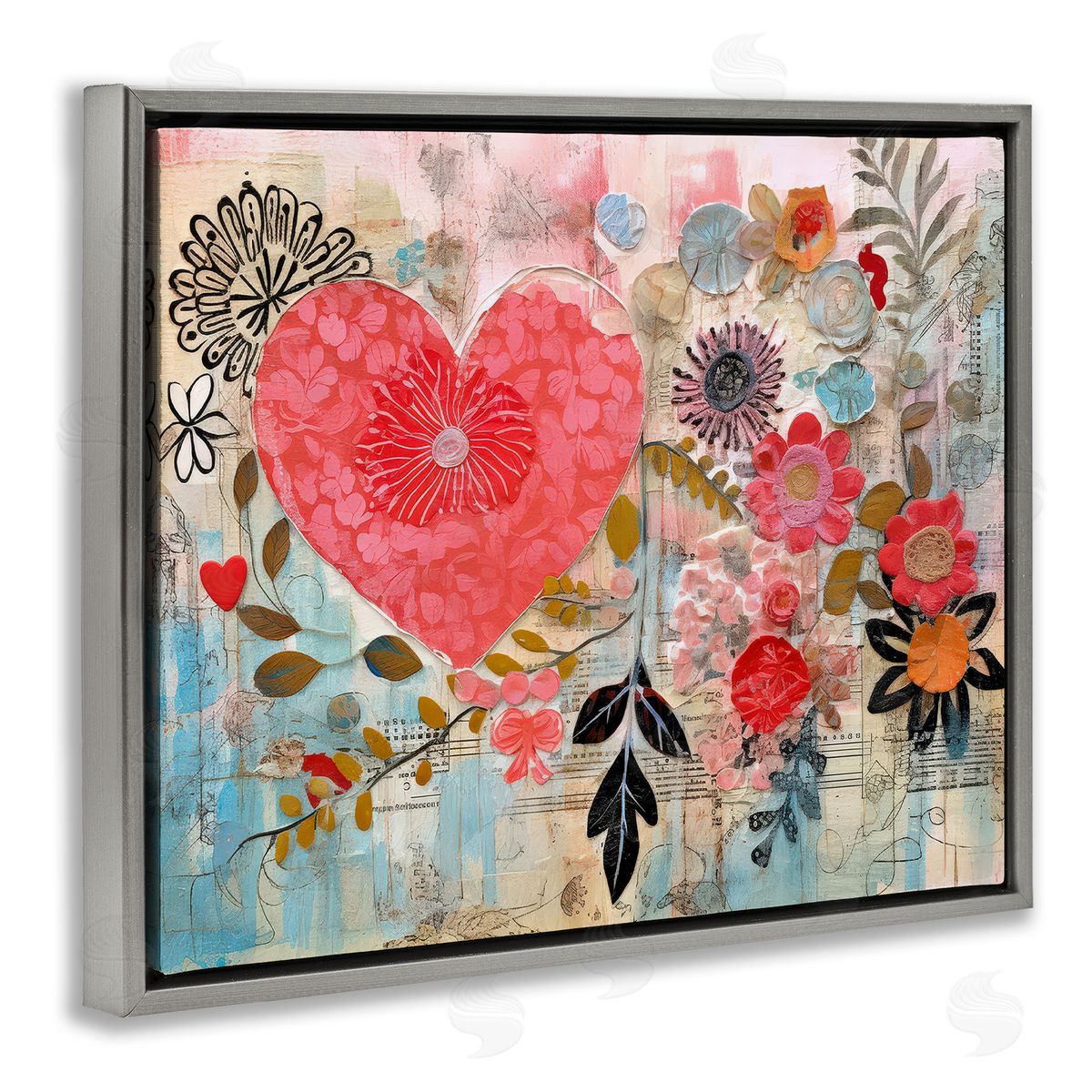 LSR Design Studio Playful Heart & Flowers Gray Floating Frame Canvas Wall Art Print